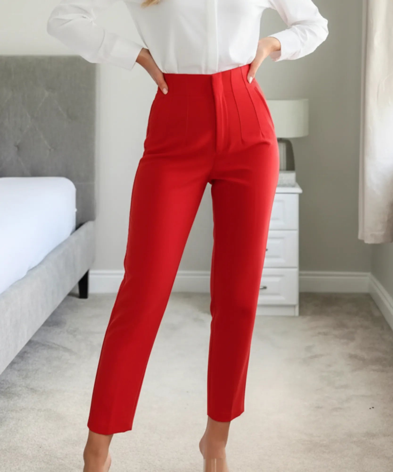 Comprar calça alfaiataria feminina vermelho cintura alta com zíper lateral elegante para escritório barato ou em promoção ZARA
