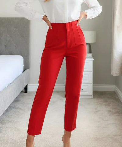 Comprar calça alfaiataria feminina vermelho cintura alta com zíper lateral elegante para escritório barato ou em promoção ZARA
