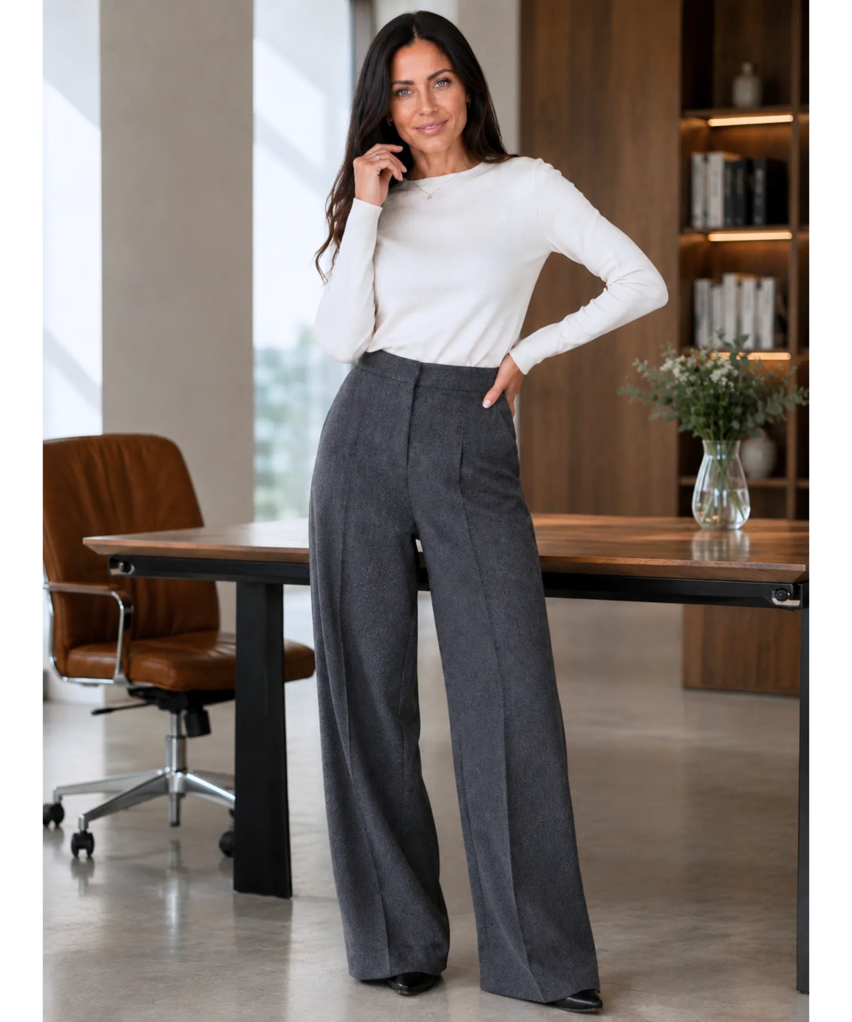 Office look with charcoal high waisted wide leg trousers and an ivory top