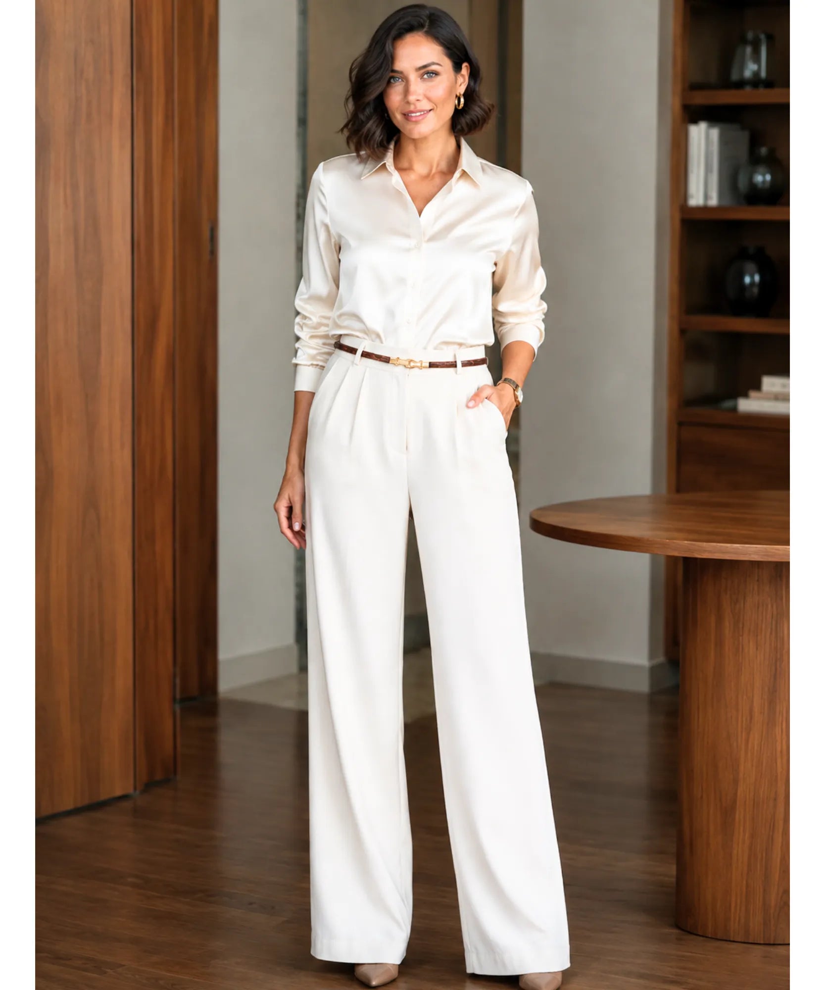 Women's wide leg trousers in ivory with front pleats and a thin belt