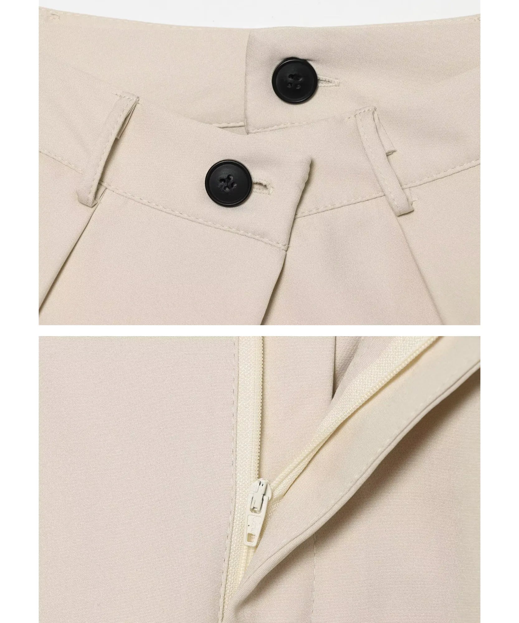 Close up of the two button waistband on ivory wide leg wrap pants