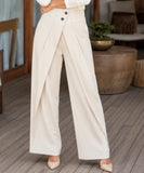 Women's ivory wide leg wrap pants with an overlap front and button