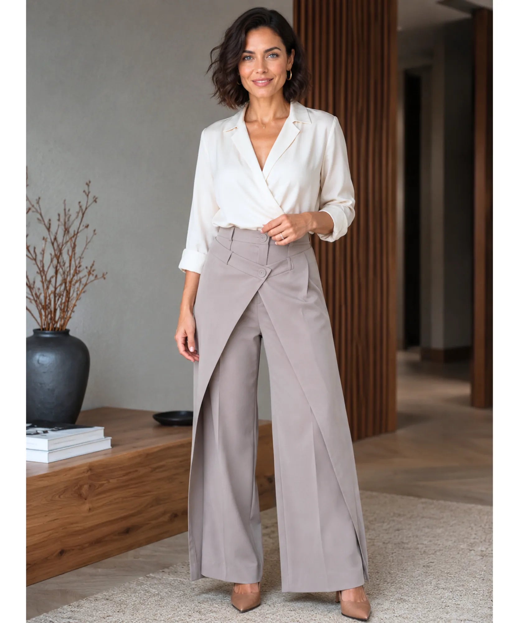 Women's taupe wide leg wrap pants styled with a white wrap blouse