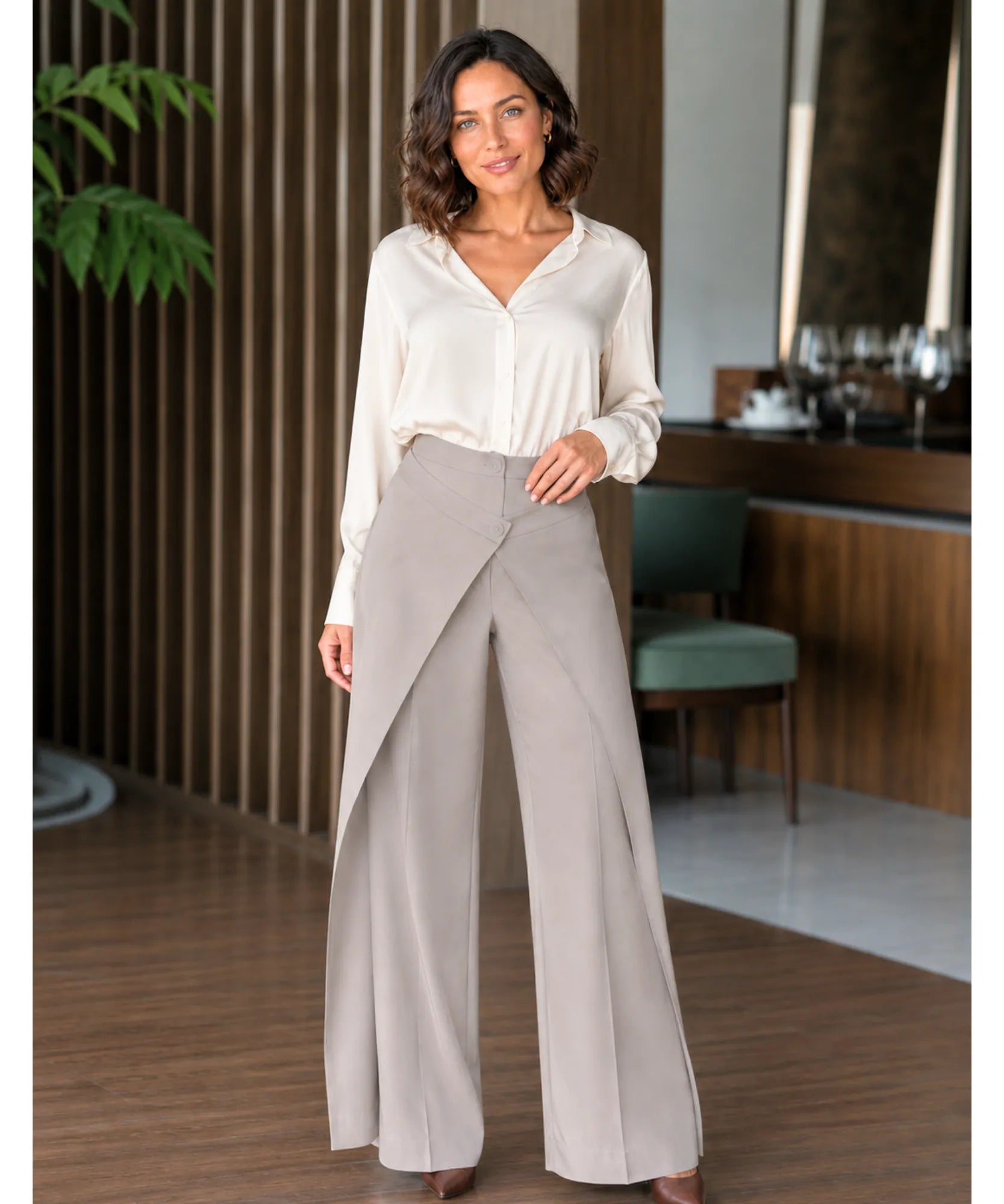 Women's taupe wide leg wrap pants with a white blouse