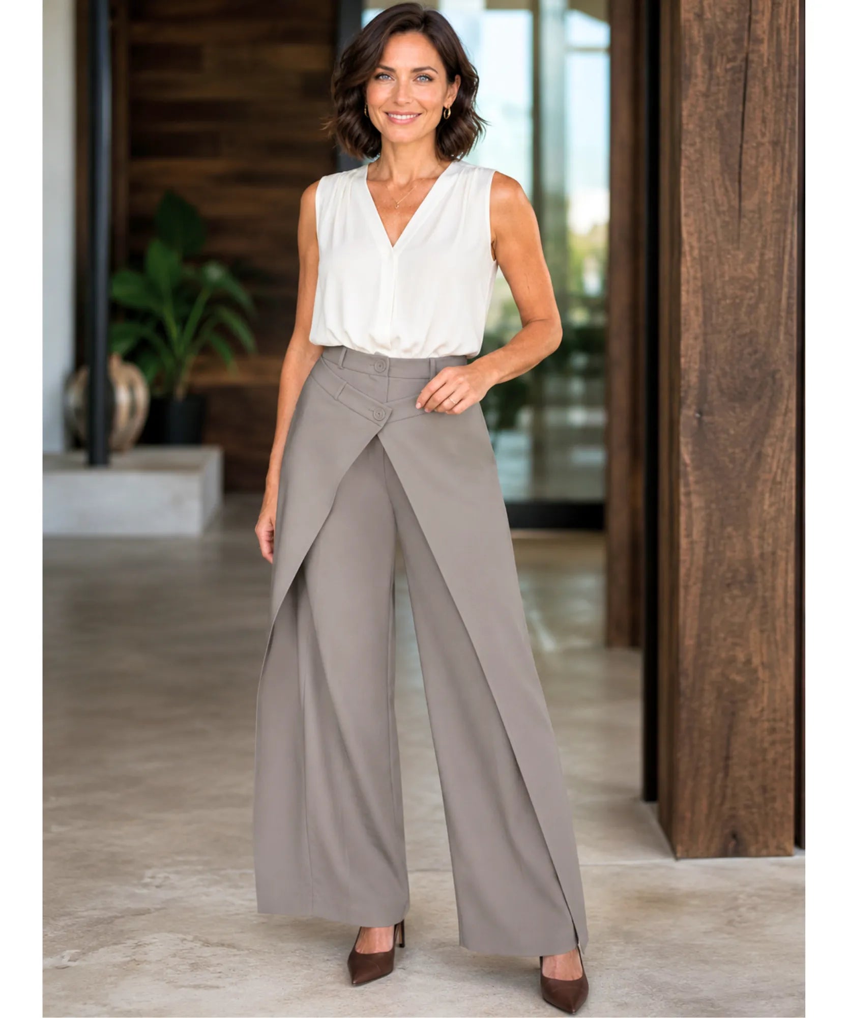 Women's taupe wide leg wrap pants styled with a sleeveless blouse