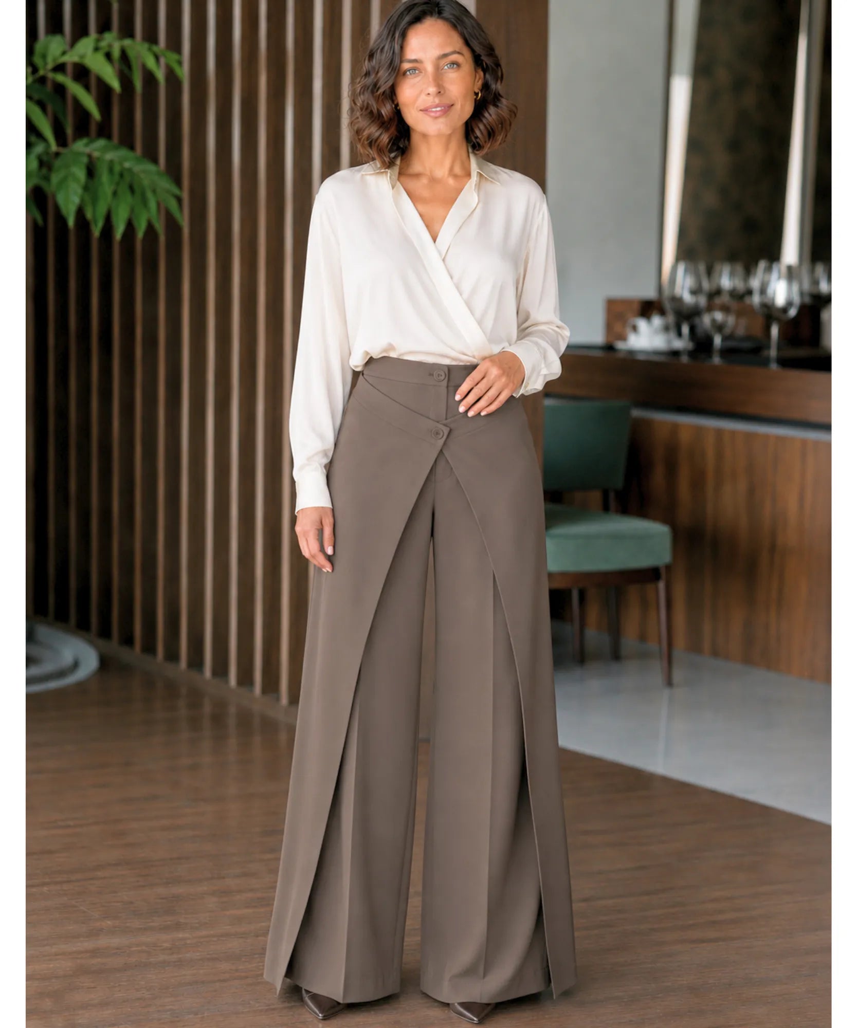 Women's mocha wide leg wrap pants styled with a white wrap blouse
