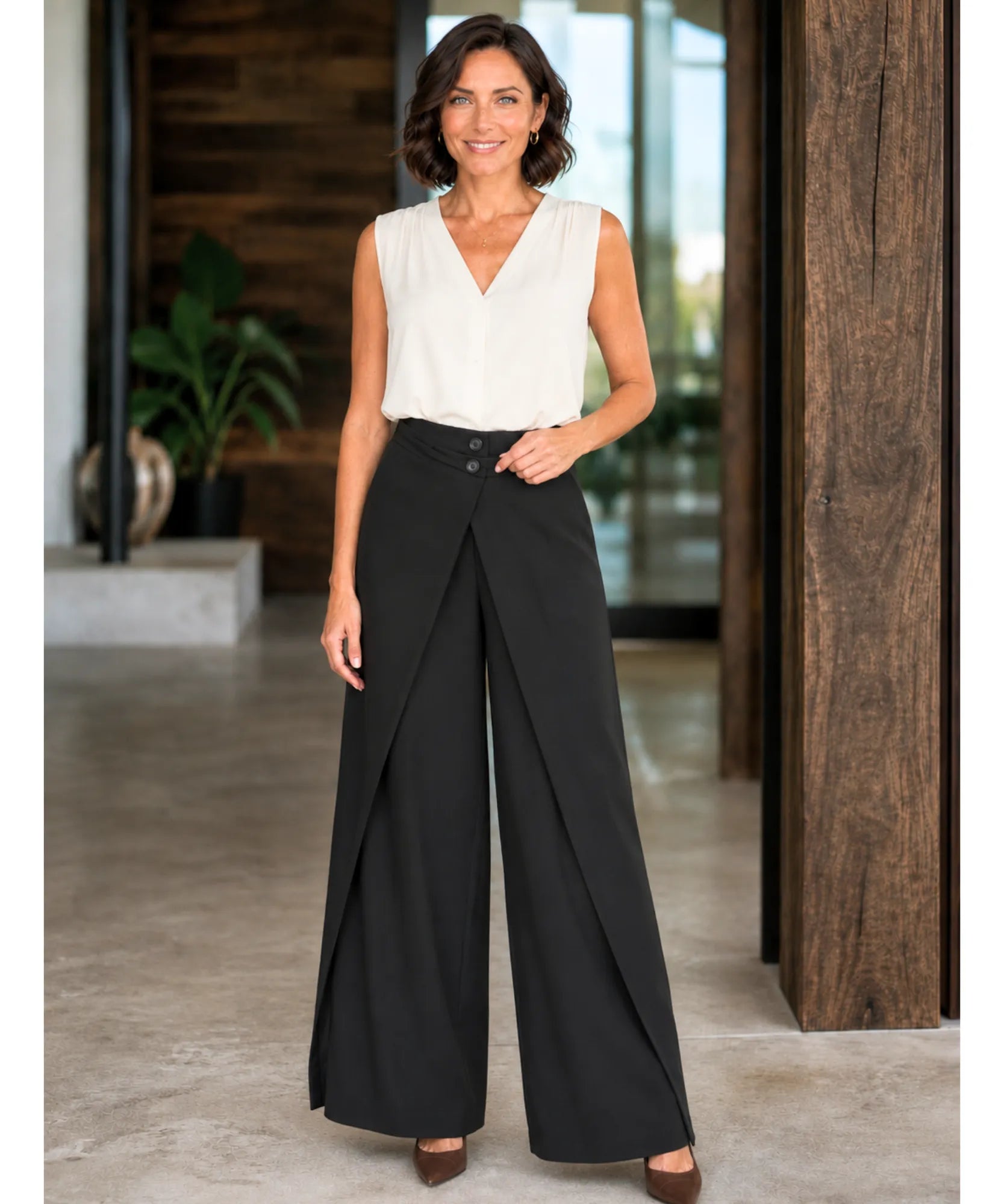 Women's black wide leg wrap pants styled with a sleeveless blouse