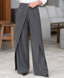 Women's charcoal pinstripe wide leg wrap pants with an overlap front