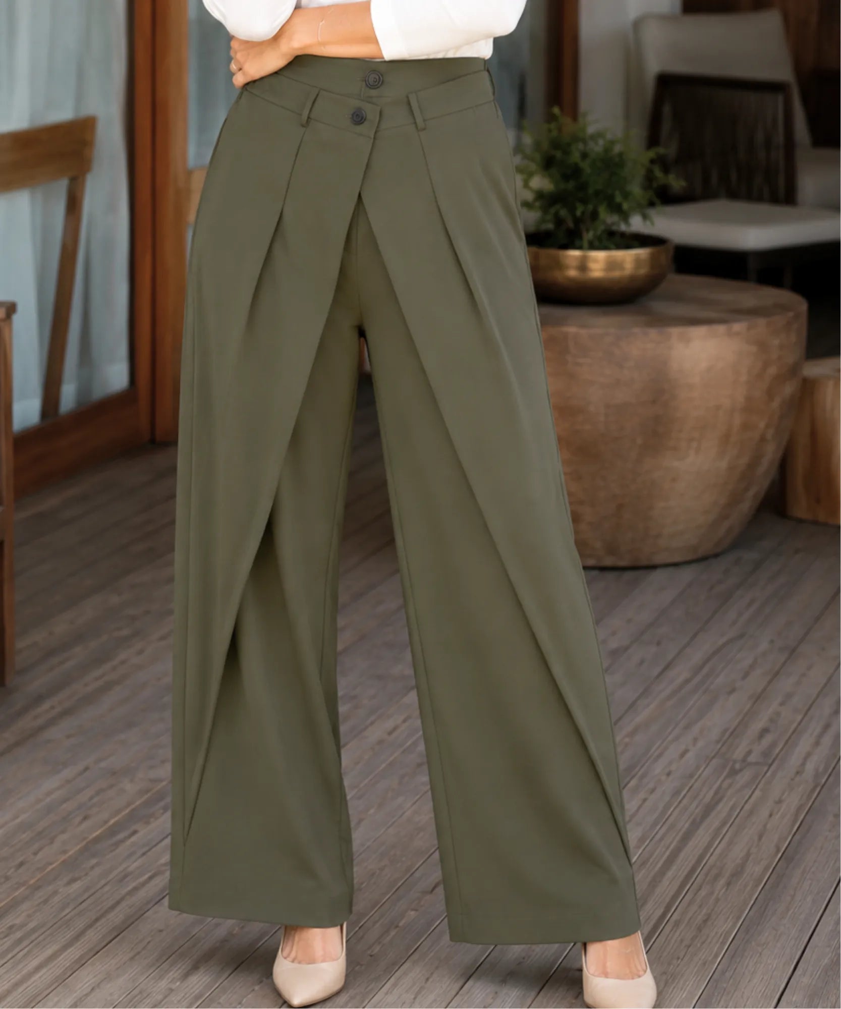 Women's olive green wide leg wrap pants with a button waist