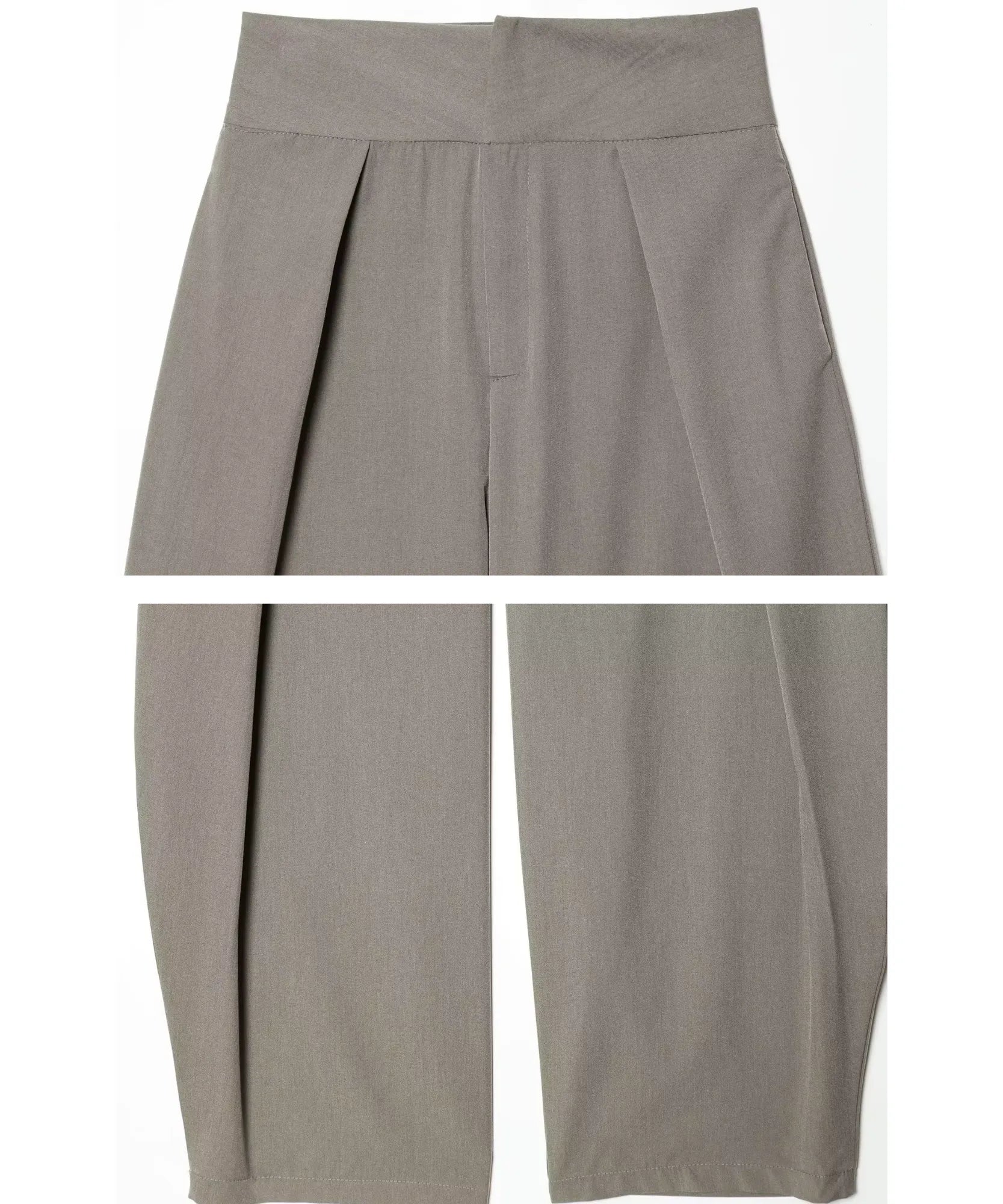 Stone grey barrel pants waistband and front pleats flat lay