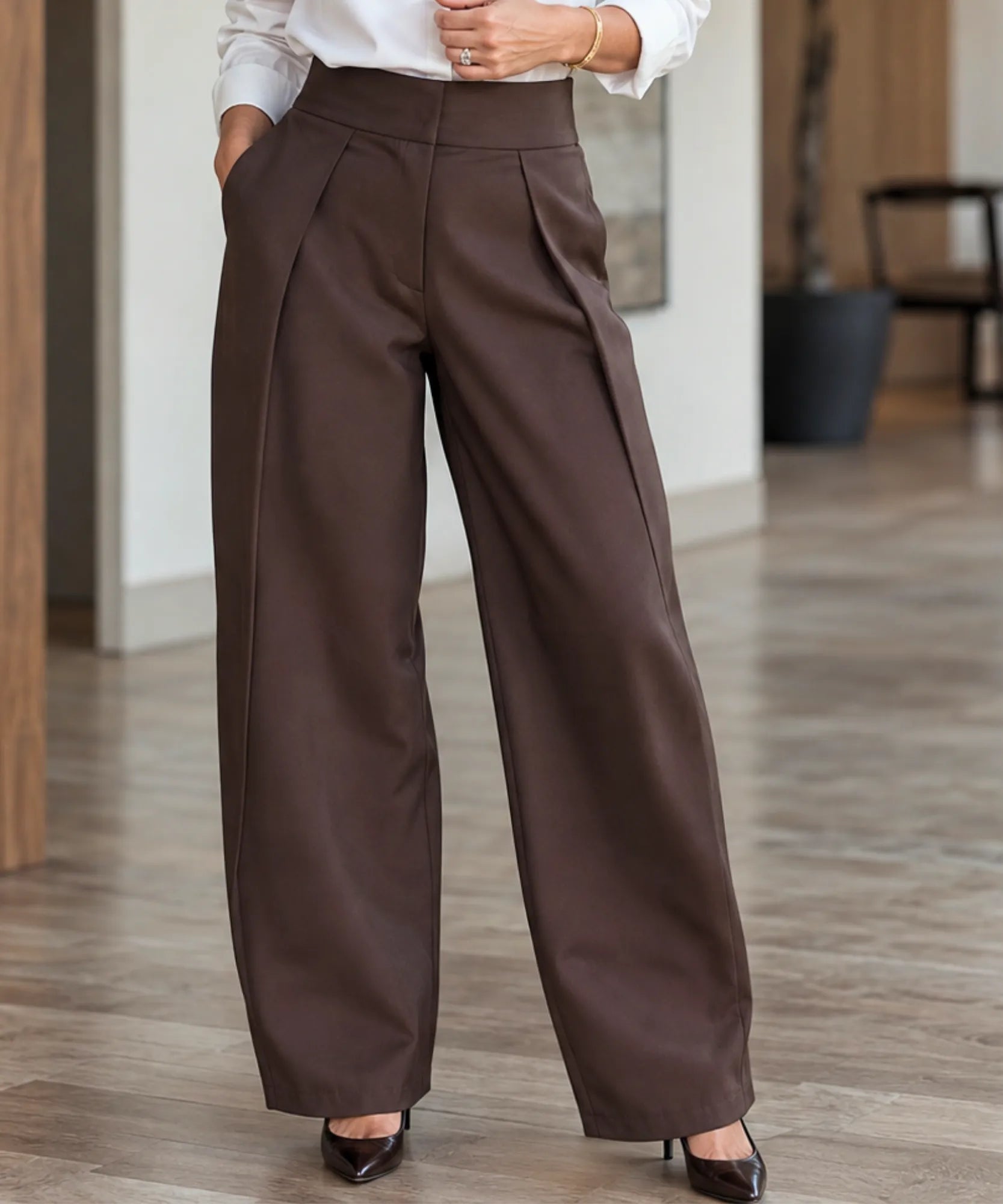 Women's high waisted barrel pants in chocolate brown with front pleats