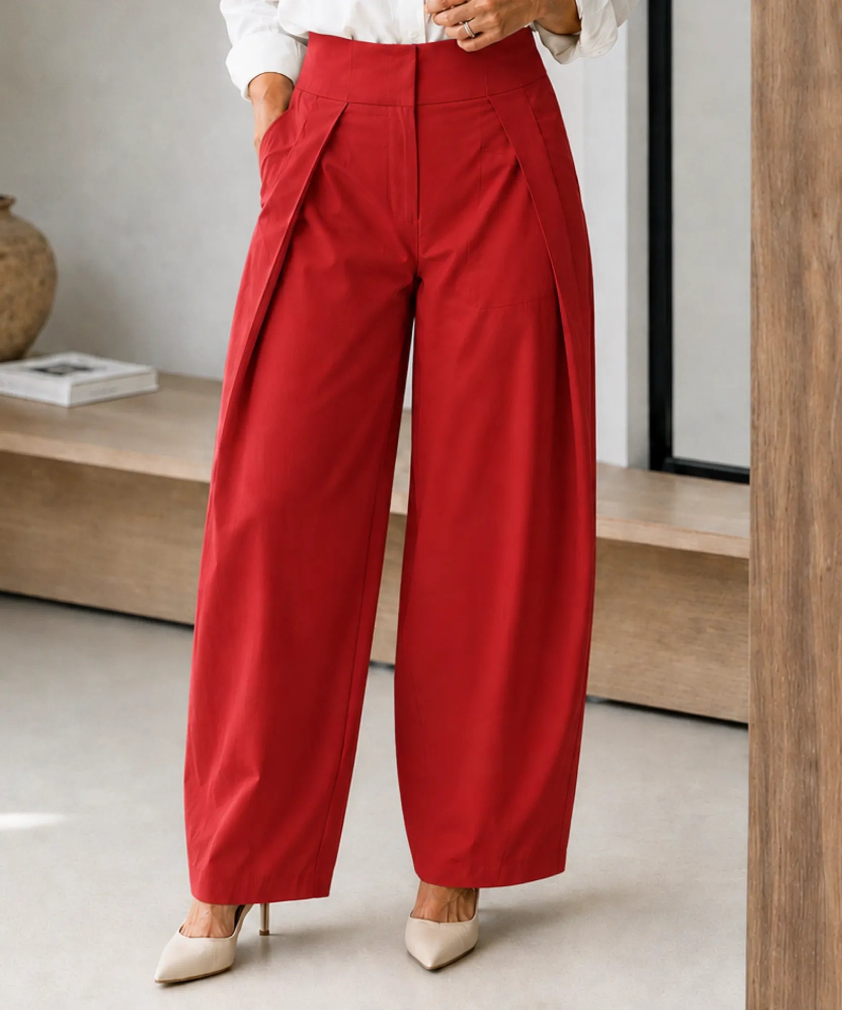 Women's high waisted barrel pants in red front view