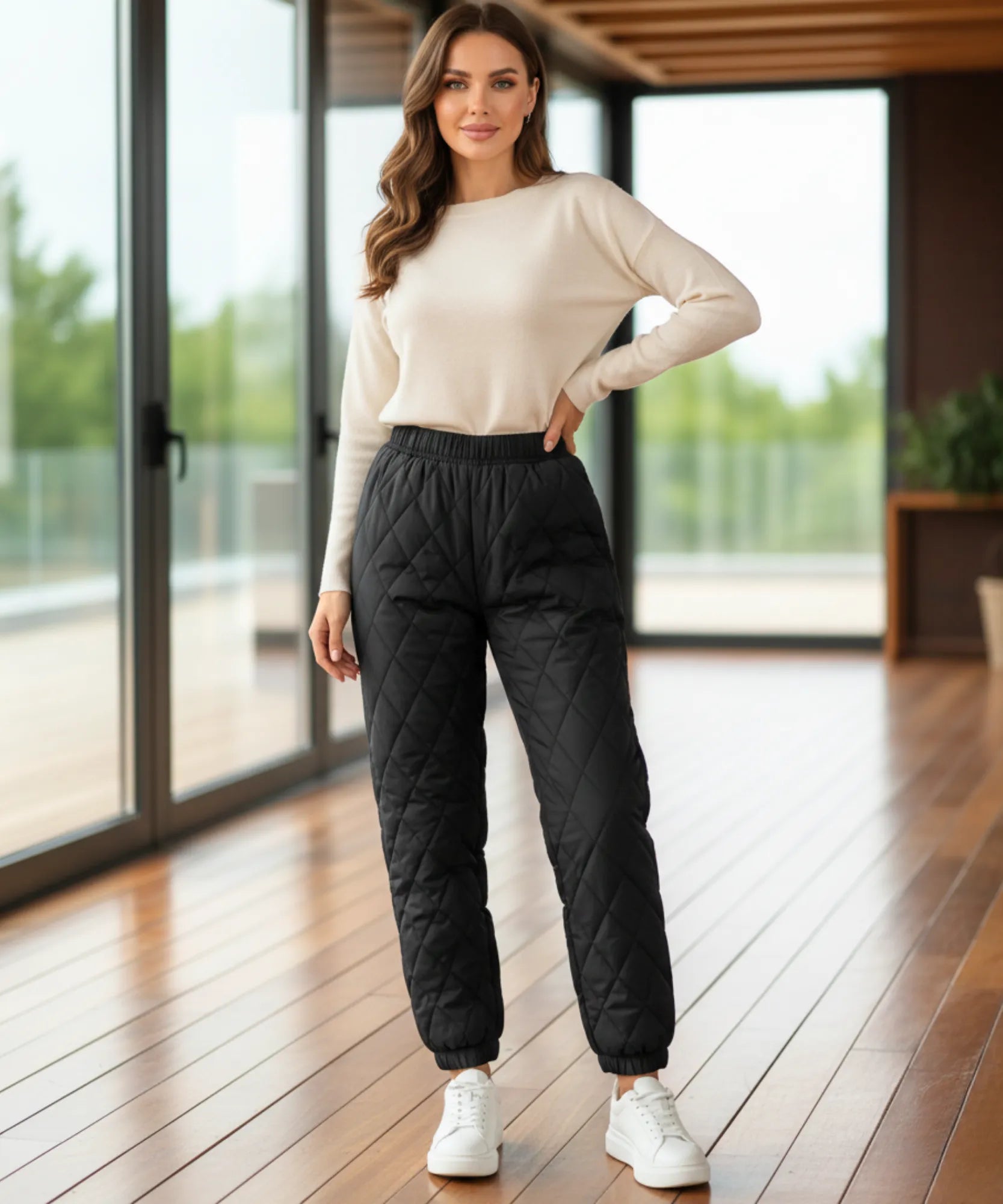 Woman wearing black quilted joggers with ribbed cuffs