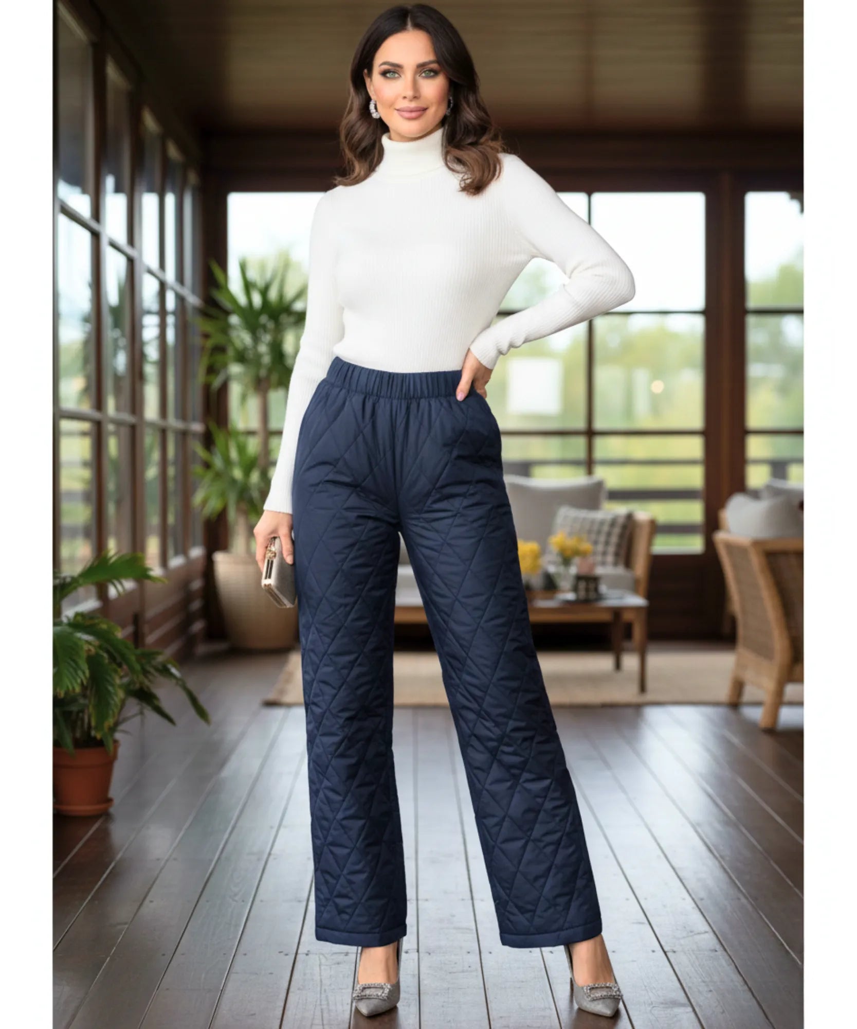 Women's quilted thermal pants in navy, styled look