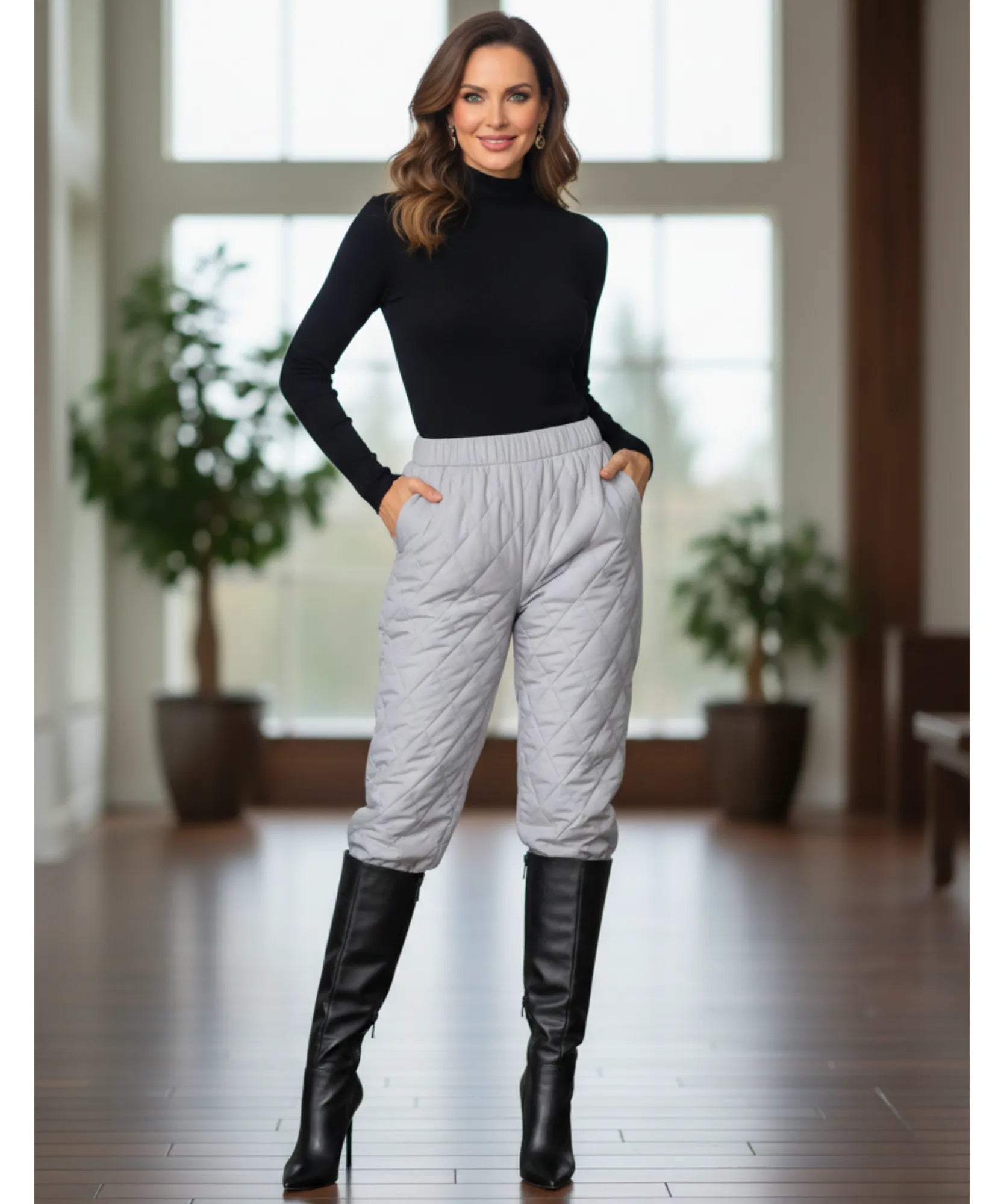 Women's quilted thermal pants in grey, styled look