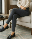 Women's ribbed knit pants in Slate Blue, side view