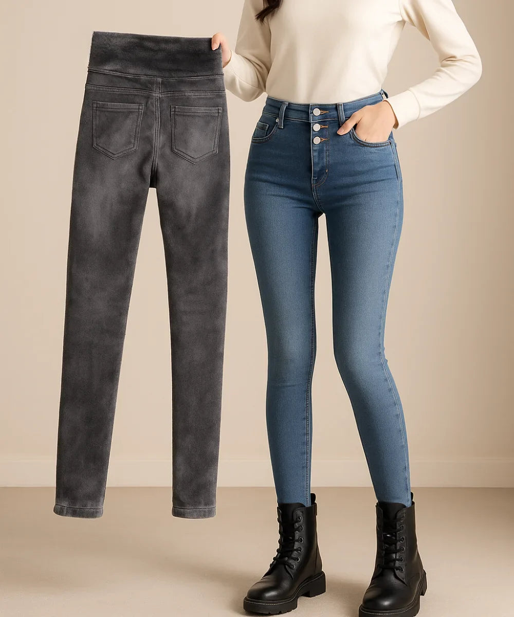 Women's High-Waisted Fleece-Lined Jeans in Medium Wash, front view