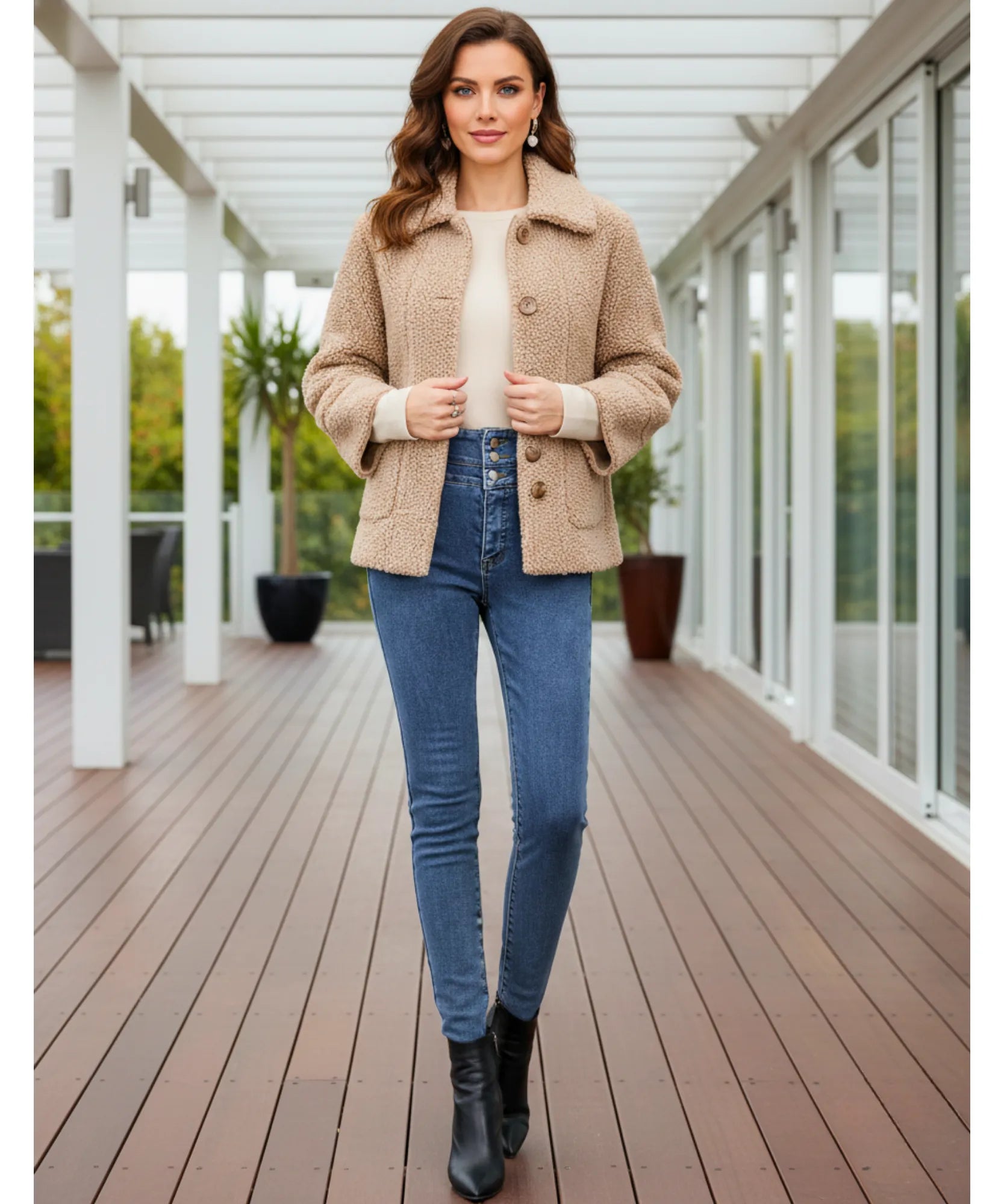 Women's High-Waisted Fleece-Lined Jeans in Medium Wash, close-up