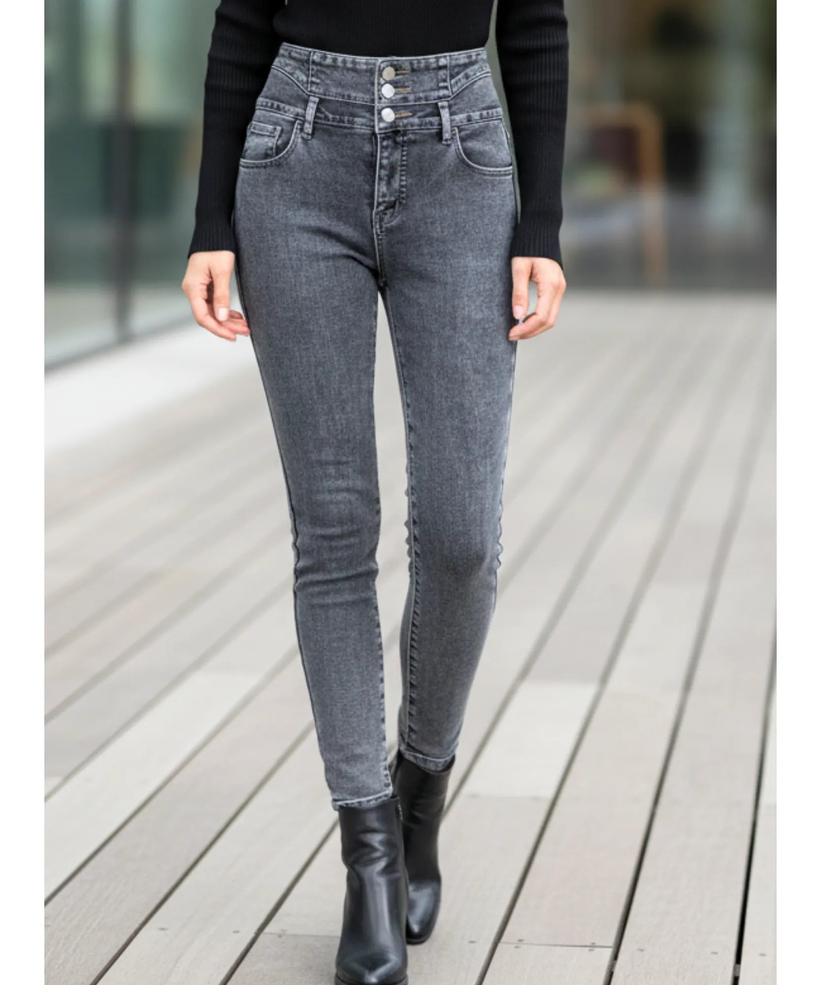 Women's High-Waisted Fleece-Lined Jeans in Charcoal Grey, styled look