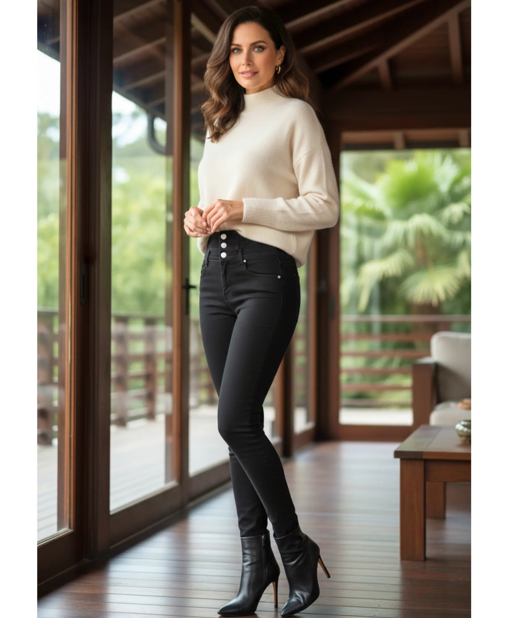 Women's High-Waisted Fleece-Lined Jeans in Black, front view
