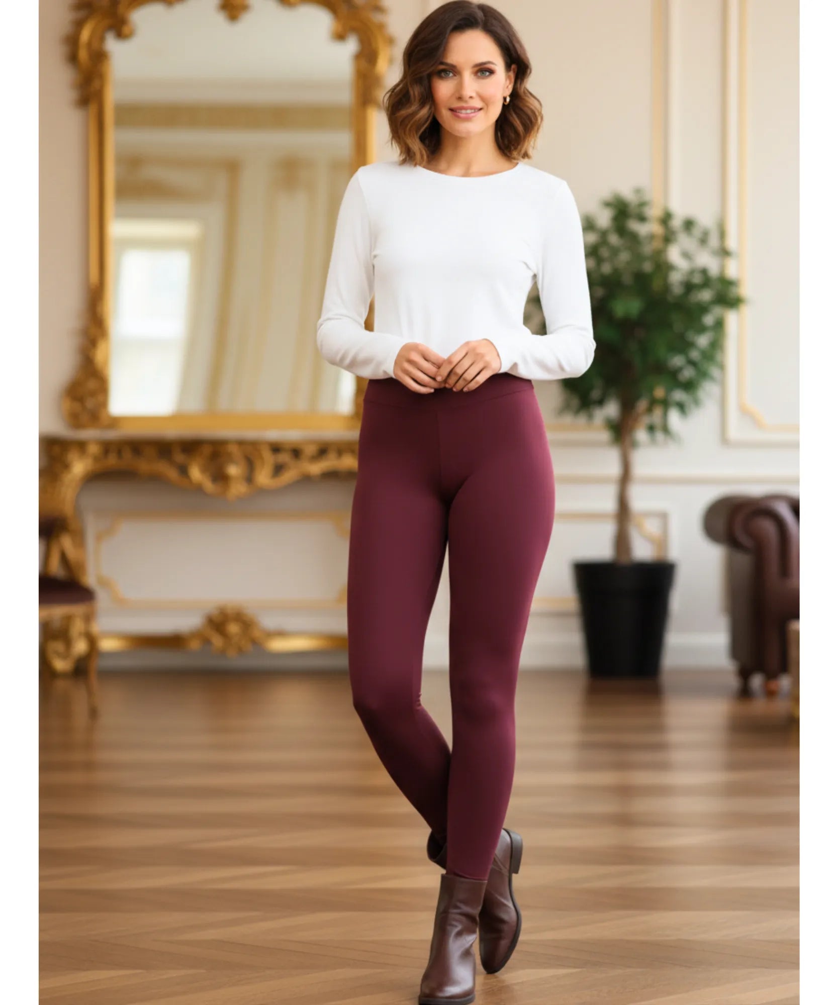 Women's Thermal Fleece-Lined Leggings in Burgundy, side view