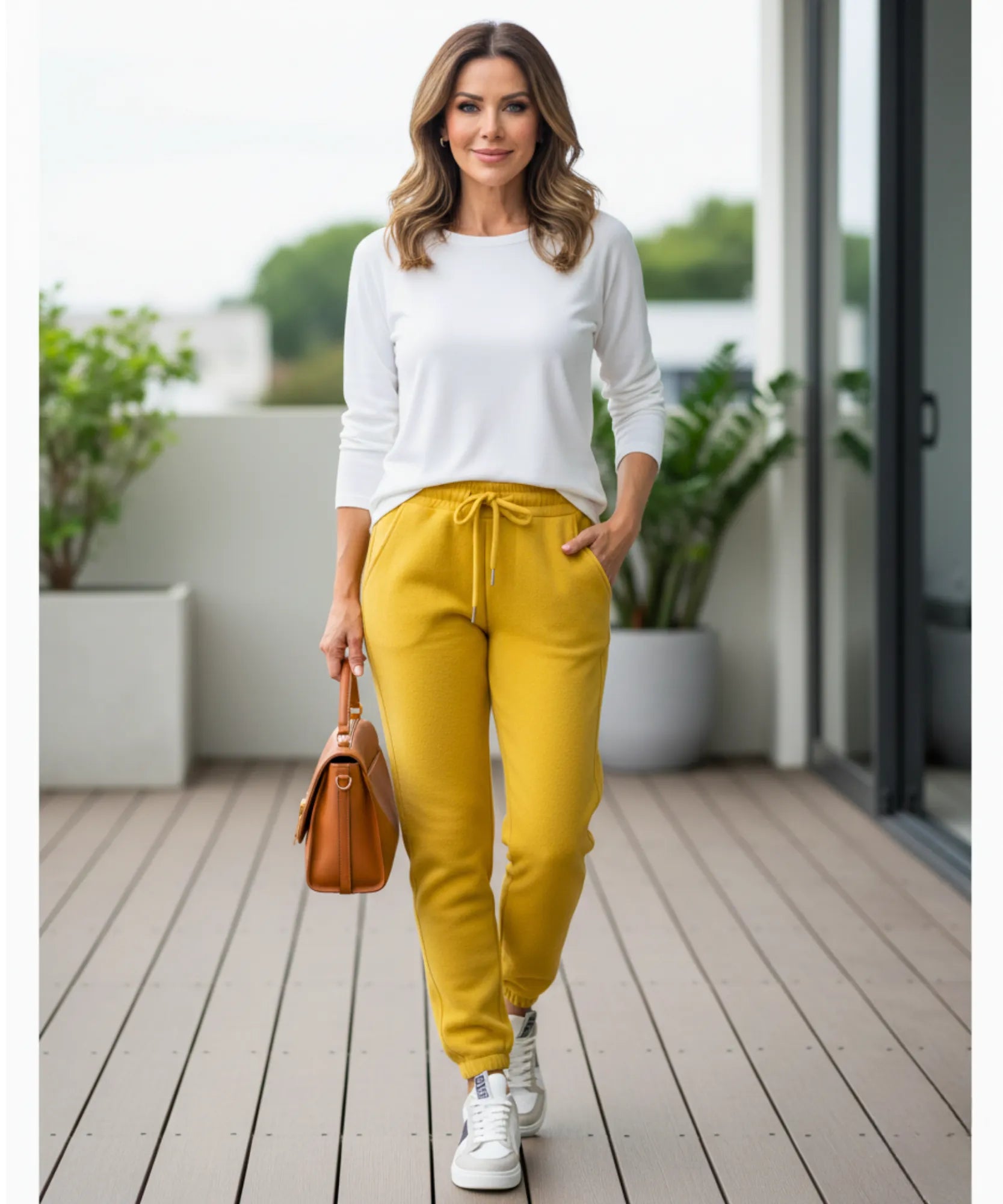 Woman wearing yellow sherpa-lined joggers