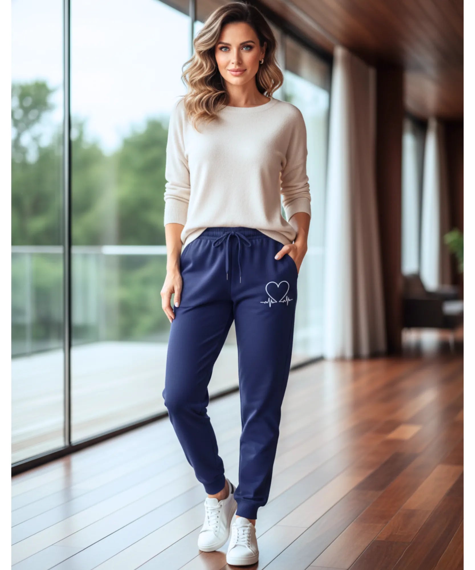 Women's fleece-lined sweatpants in navy, close-up