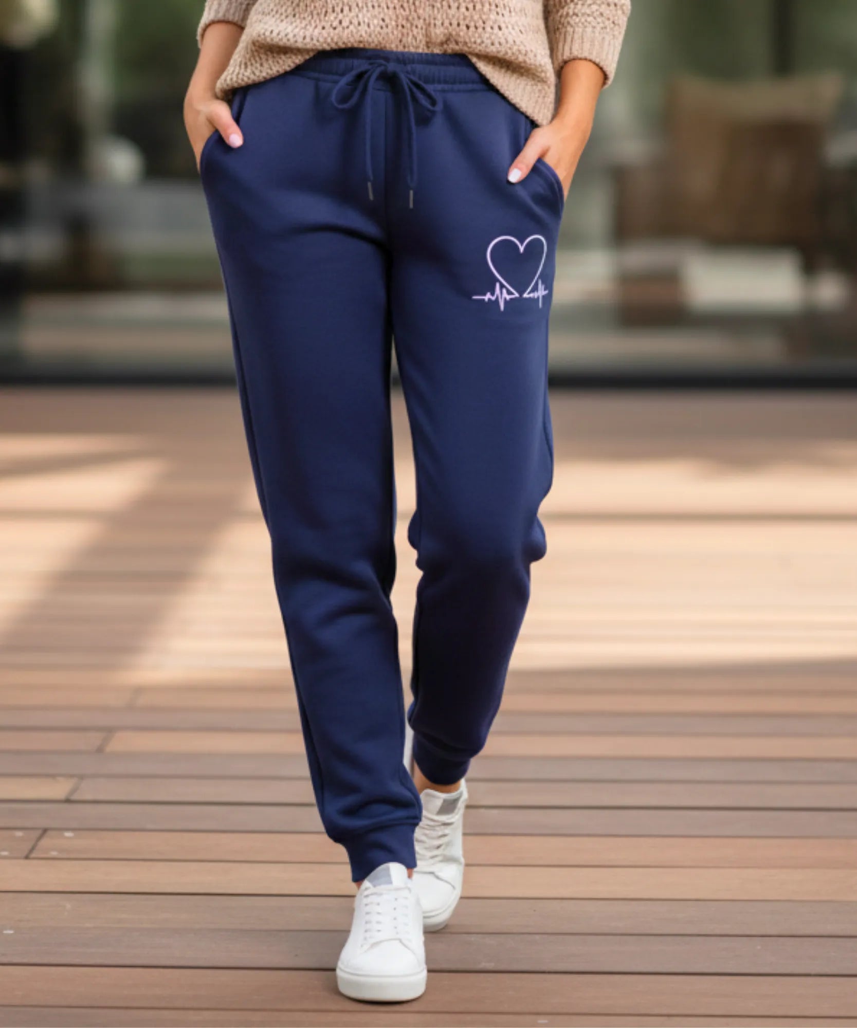 Women's fleece-lined sweatpants in navy, front view