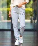 Women's fleece-lined sweatpants in heather grey, front view