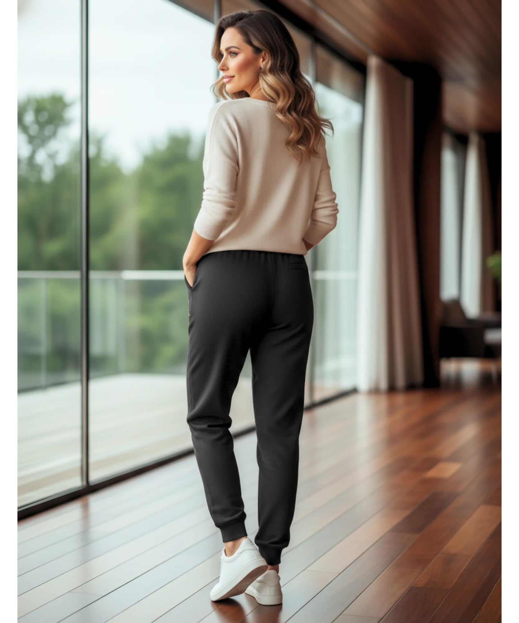 Women's fleece-lined sweatpants in black, side view