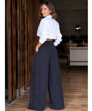 Women's navy pinstripe wide leg pants with a tie waist front view