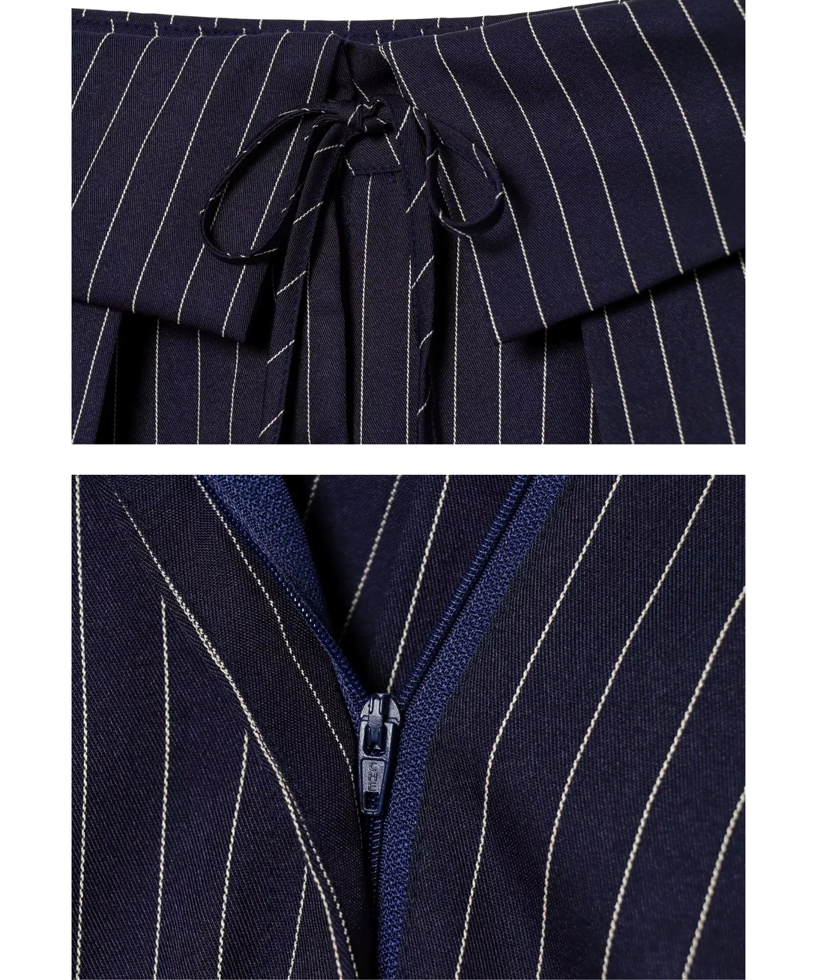 Close up of the tie waist and zipper on navy pinstripe wide leg pants