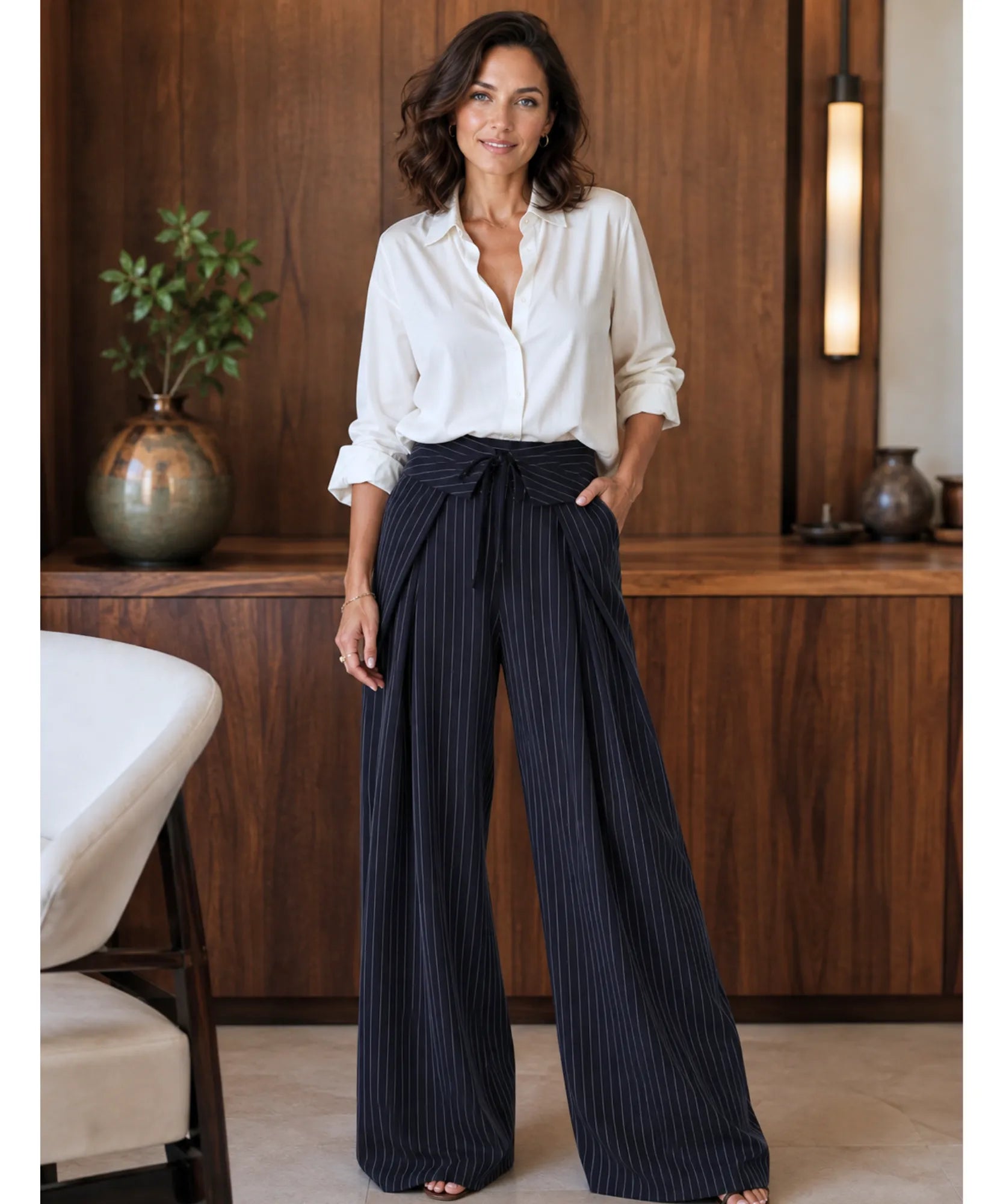 Women's navy pinstripe wide leg pants with a tie waist styled with a white shirt front view