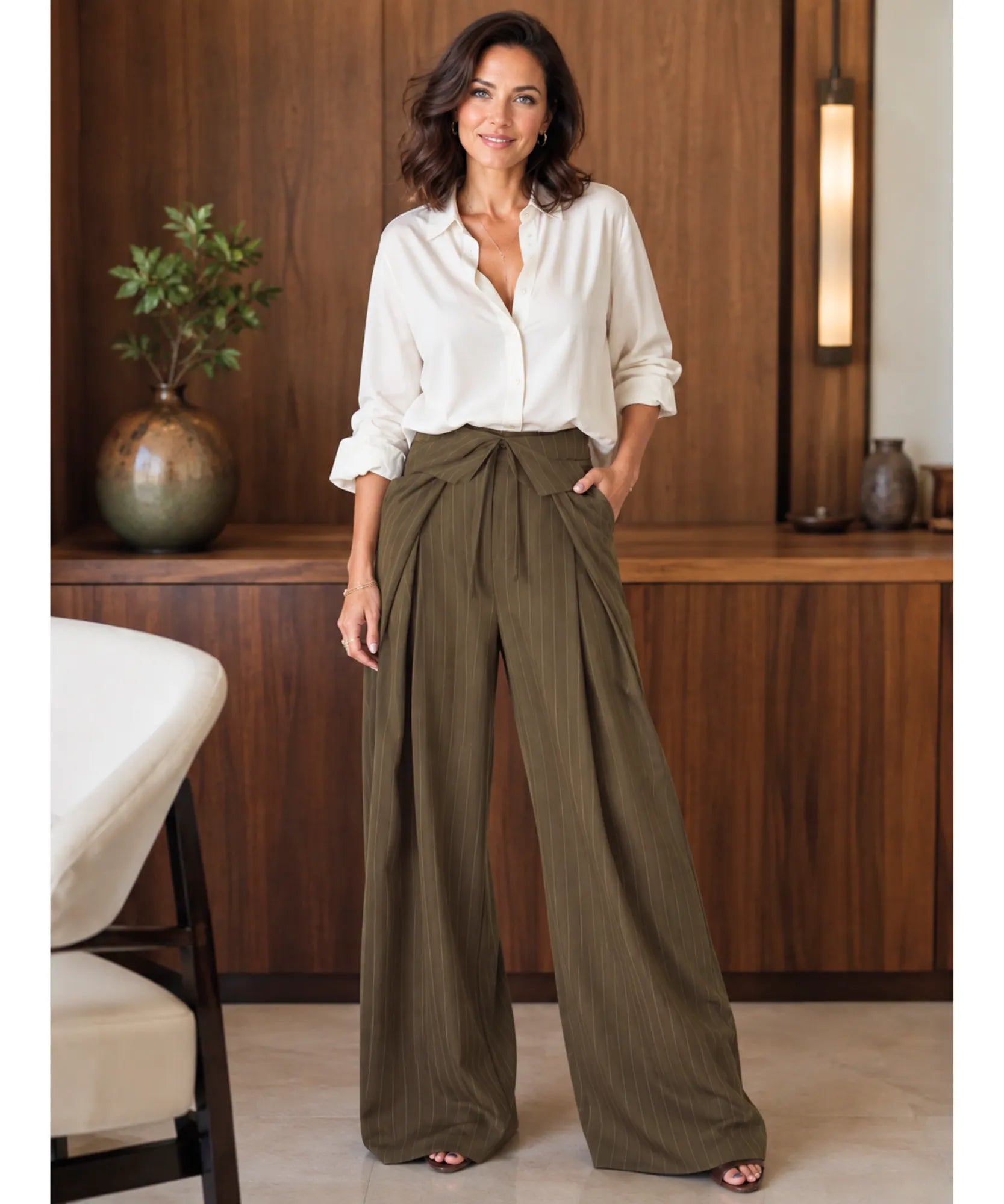 Women's olive green pinstripe wide leg pants with a wrap front