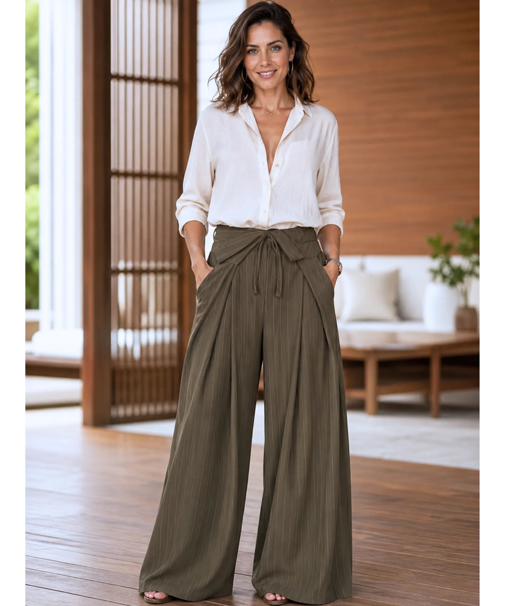 Women's olive green pinstripe wide leg pants with a tie waist styled with a white blouse