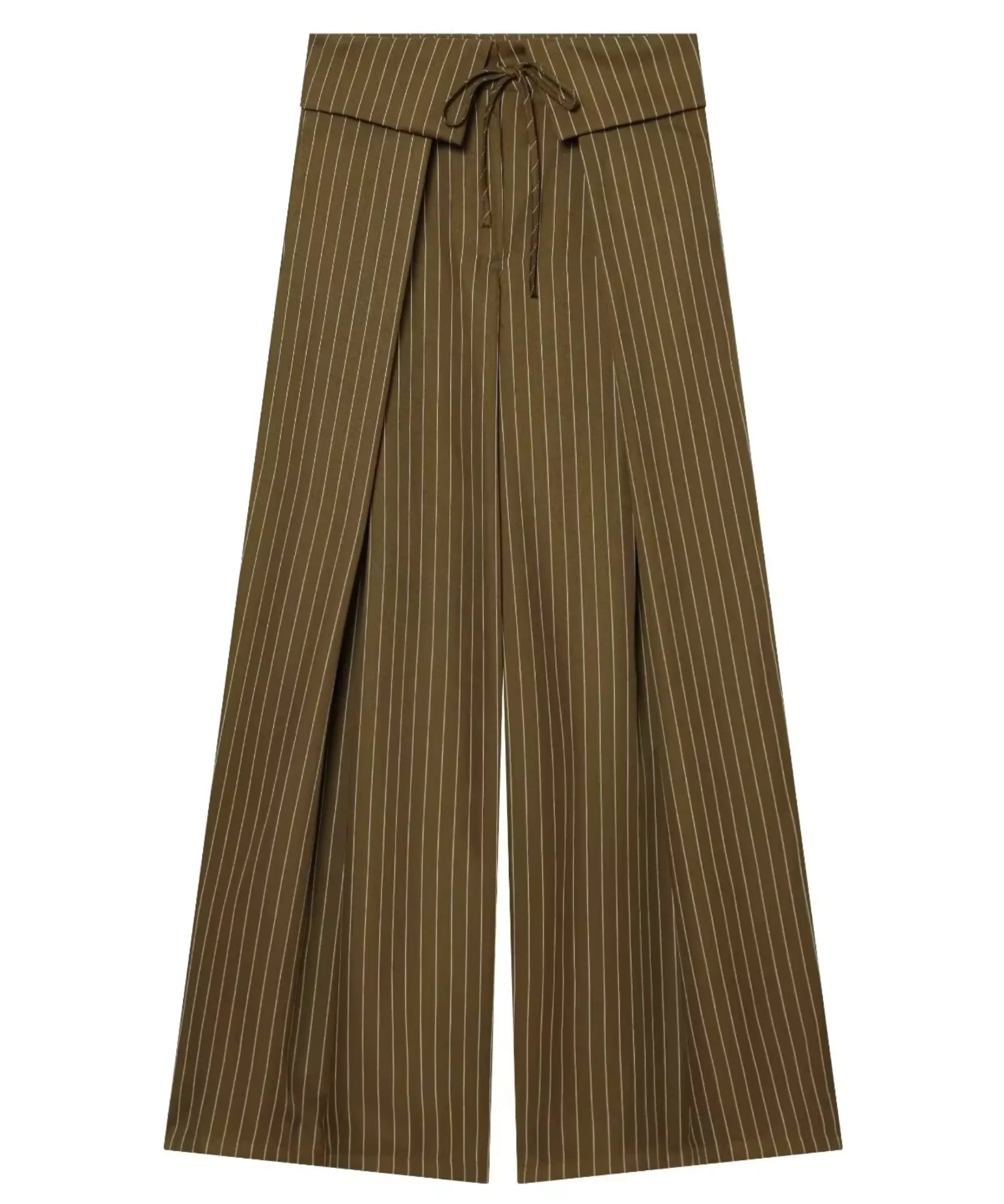 Olive green pinstripe wide leg pants with a wrap tie waist laid flat