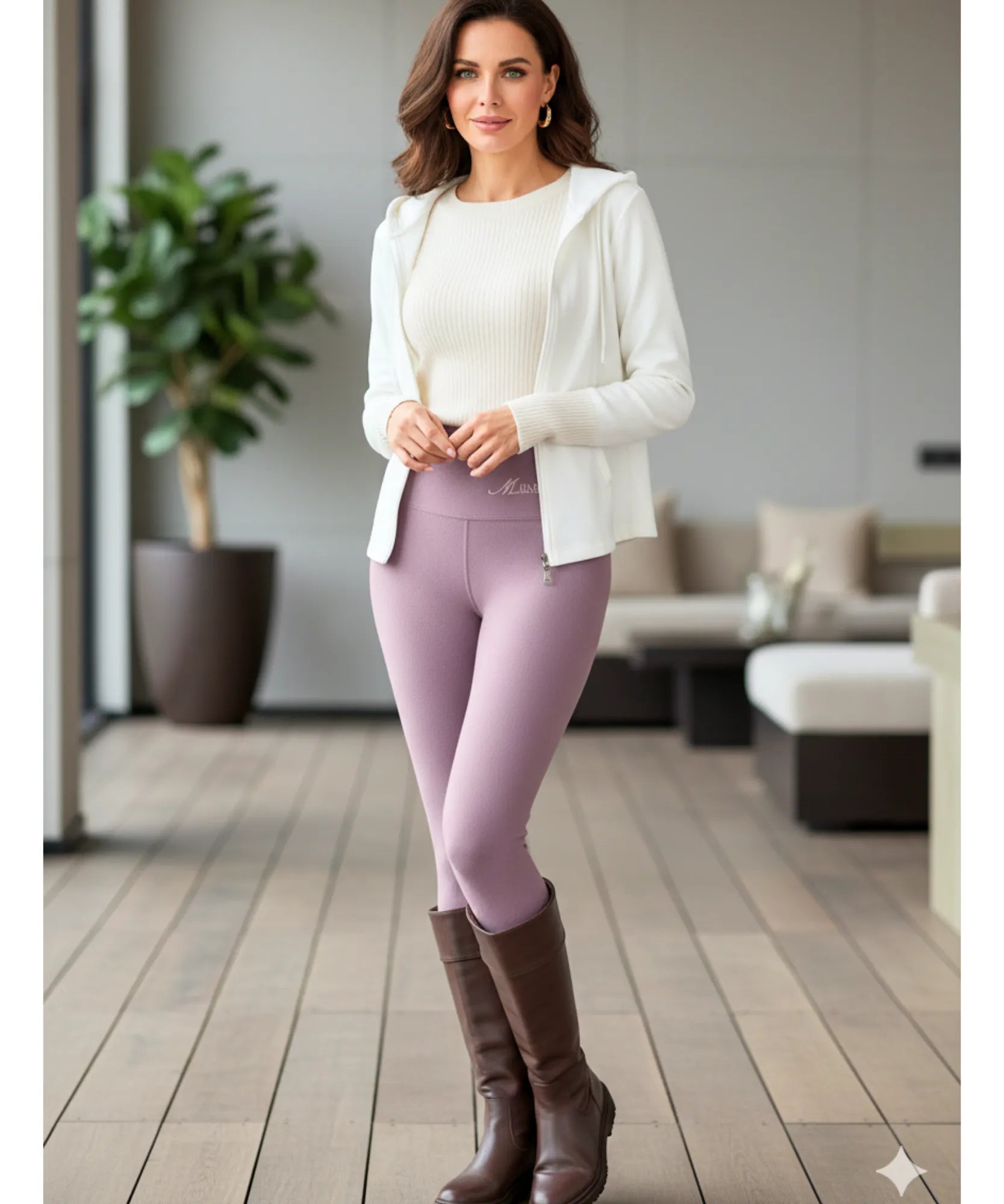 Woman wearing mauve fleece-lined leggings with a brushed flannel exterior