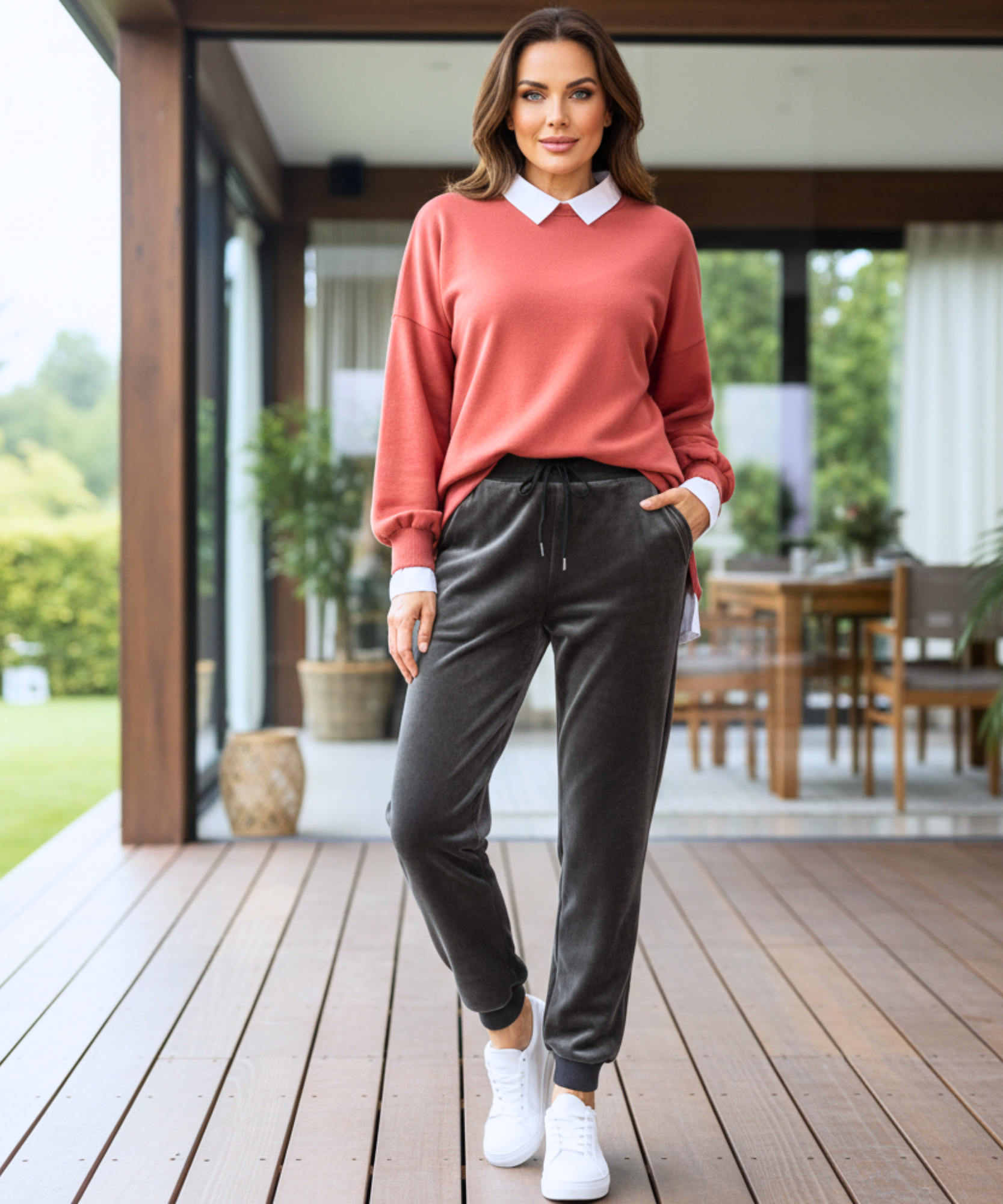 Woman wearing charcoal grey velvet joggers with a sherpa lining
