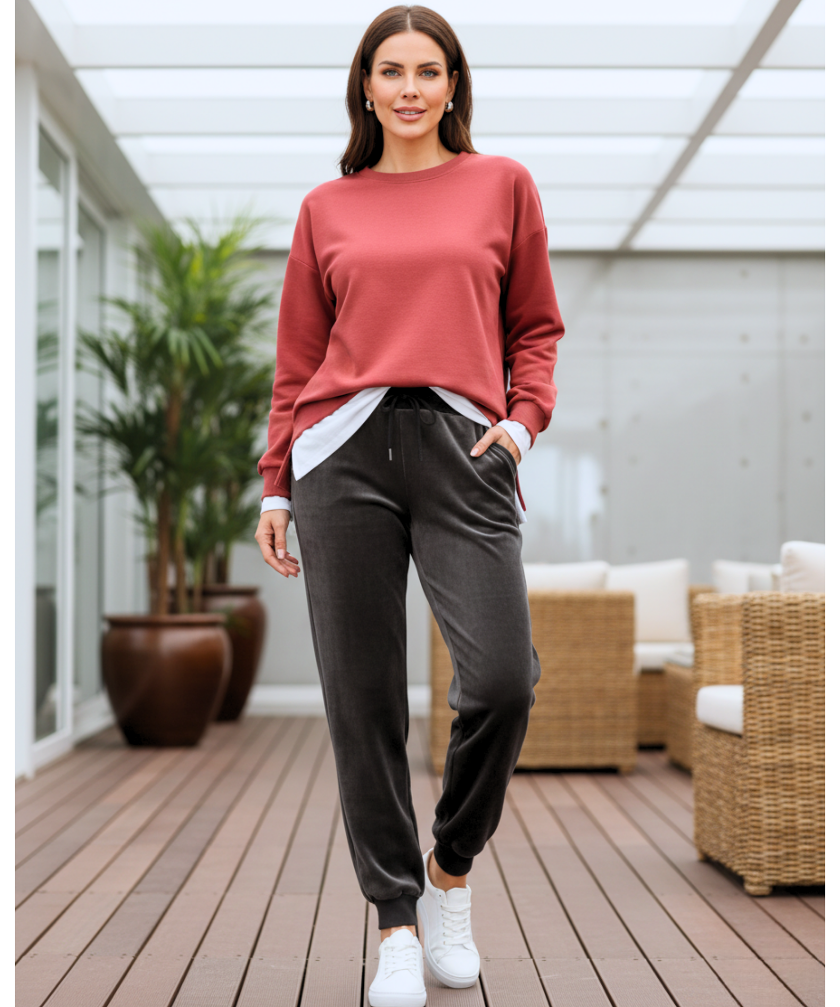 Woman wearing charcoal grey velvet joggers with a sherpa lining