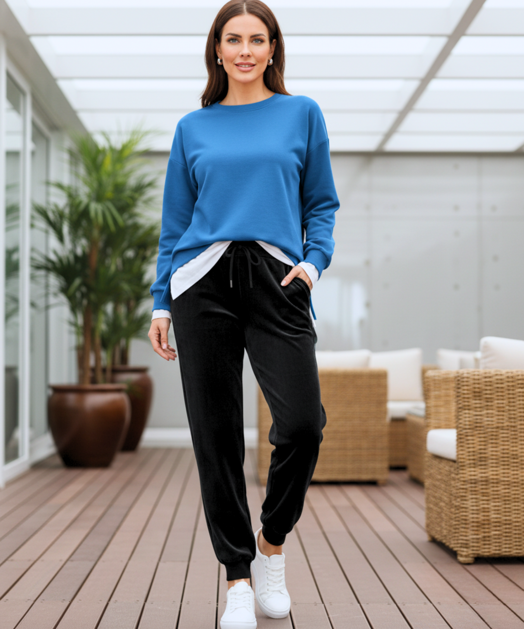 Close-up of black velvet joggers showing the drawstring waist