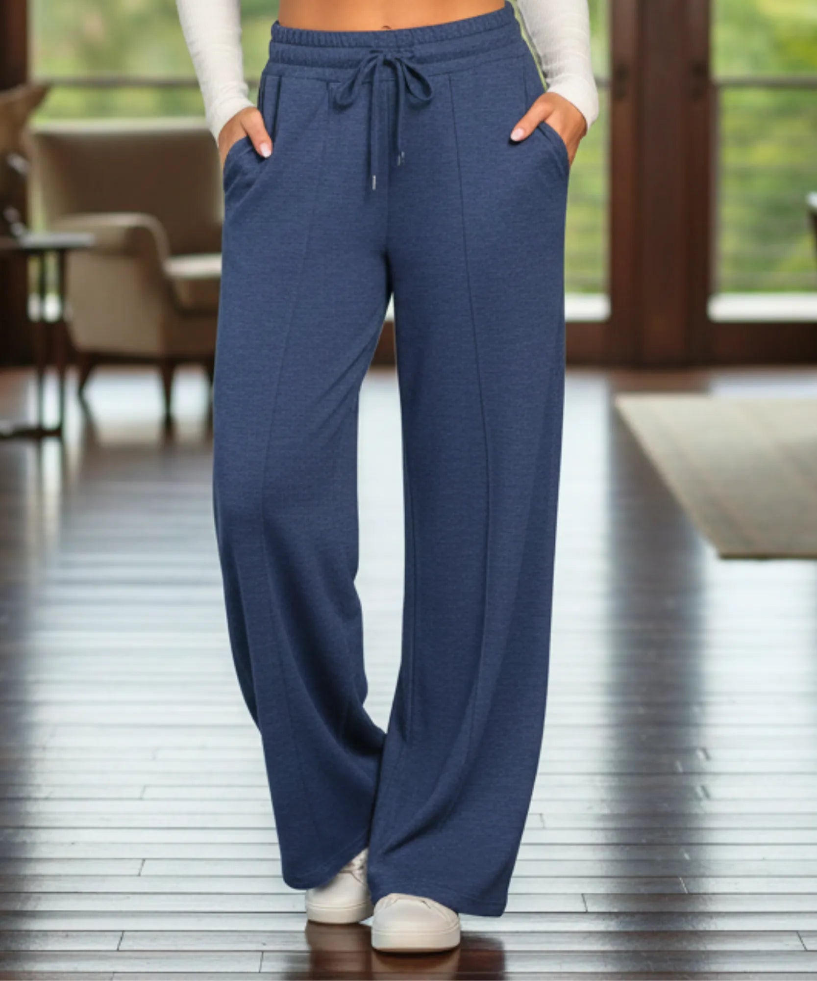 Women's wide leg sweatpants in navy, close-up of fabric