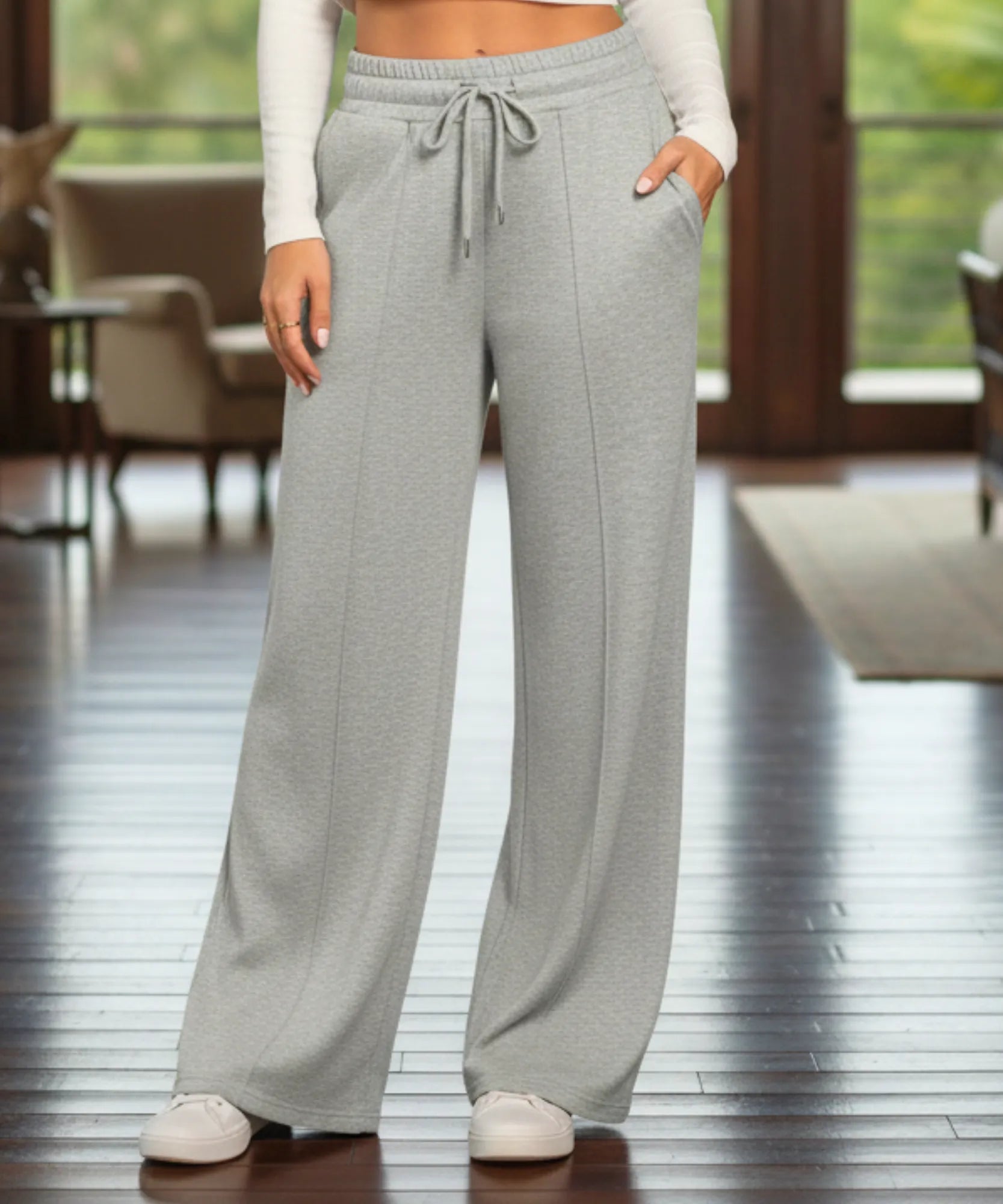Women's wide leg sweatpants in heather grey, front view