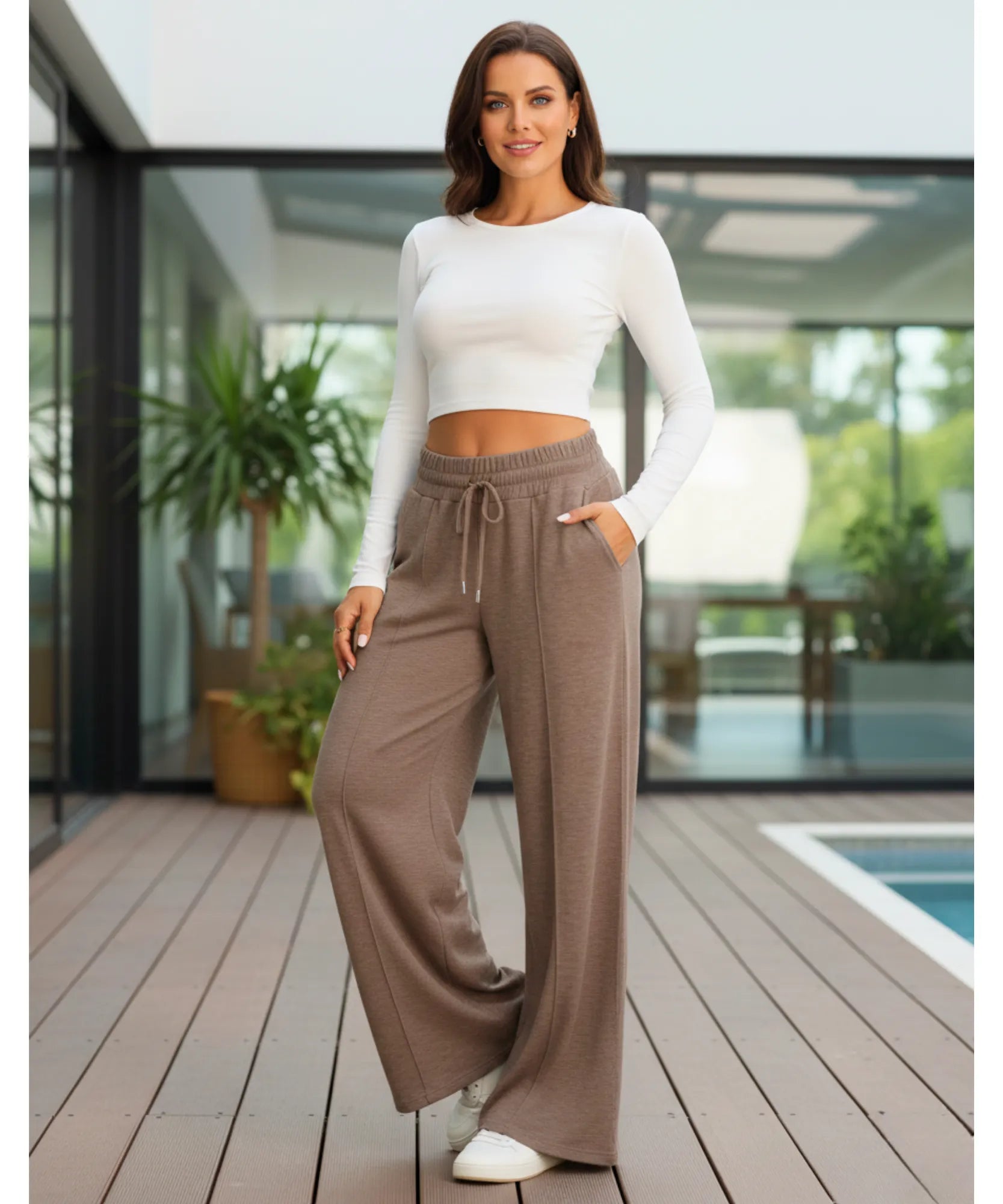 Women's wide leg sweatpants in mocha, styled look