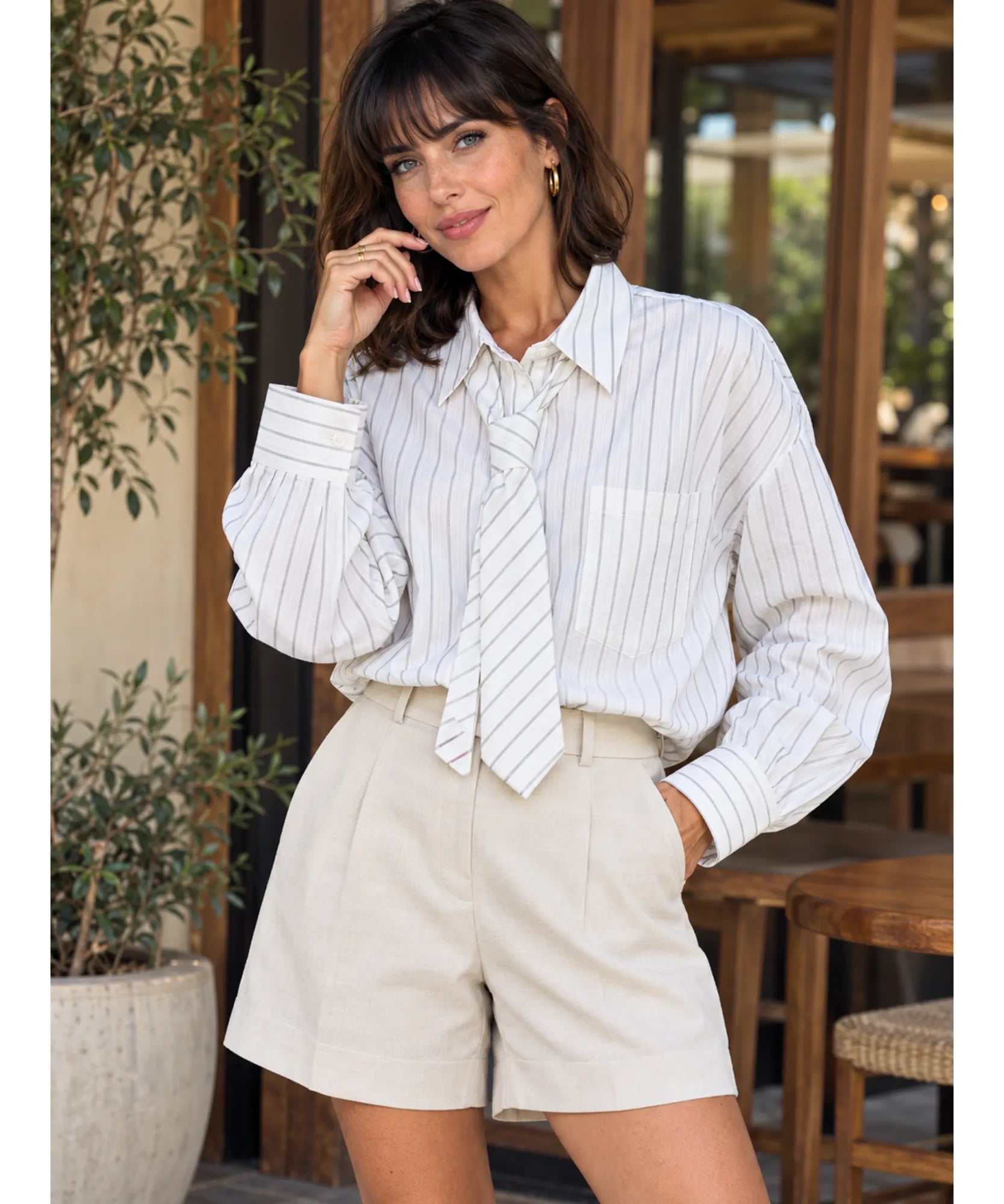 Women's oversized striped button down shirt with neck tie in ivory