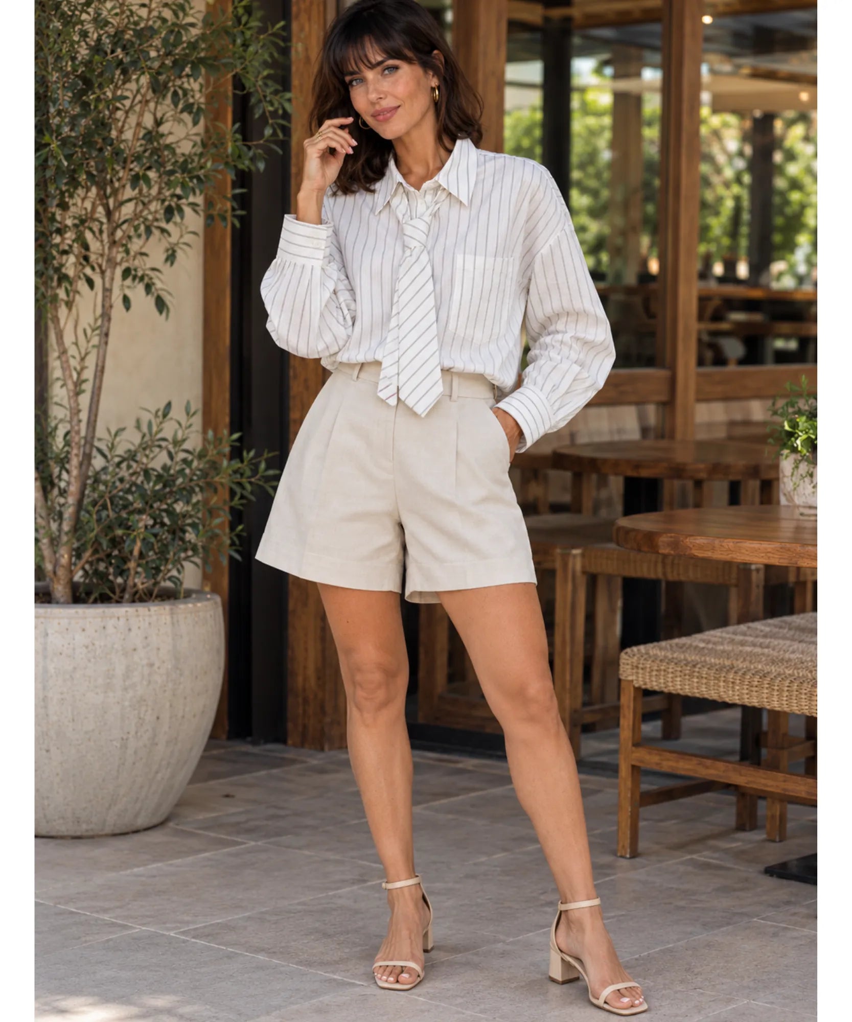 Women's oversized striped button down shirt in ivory