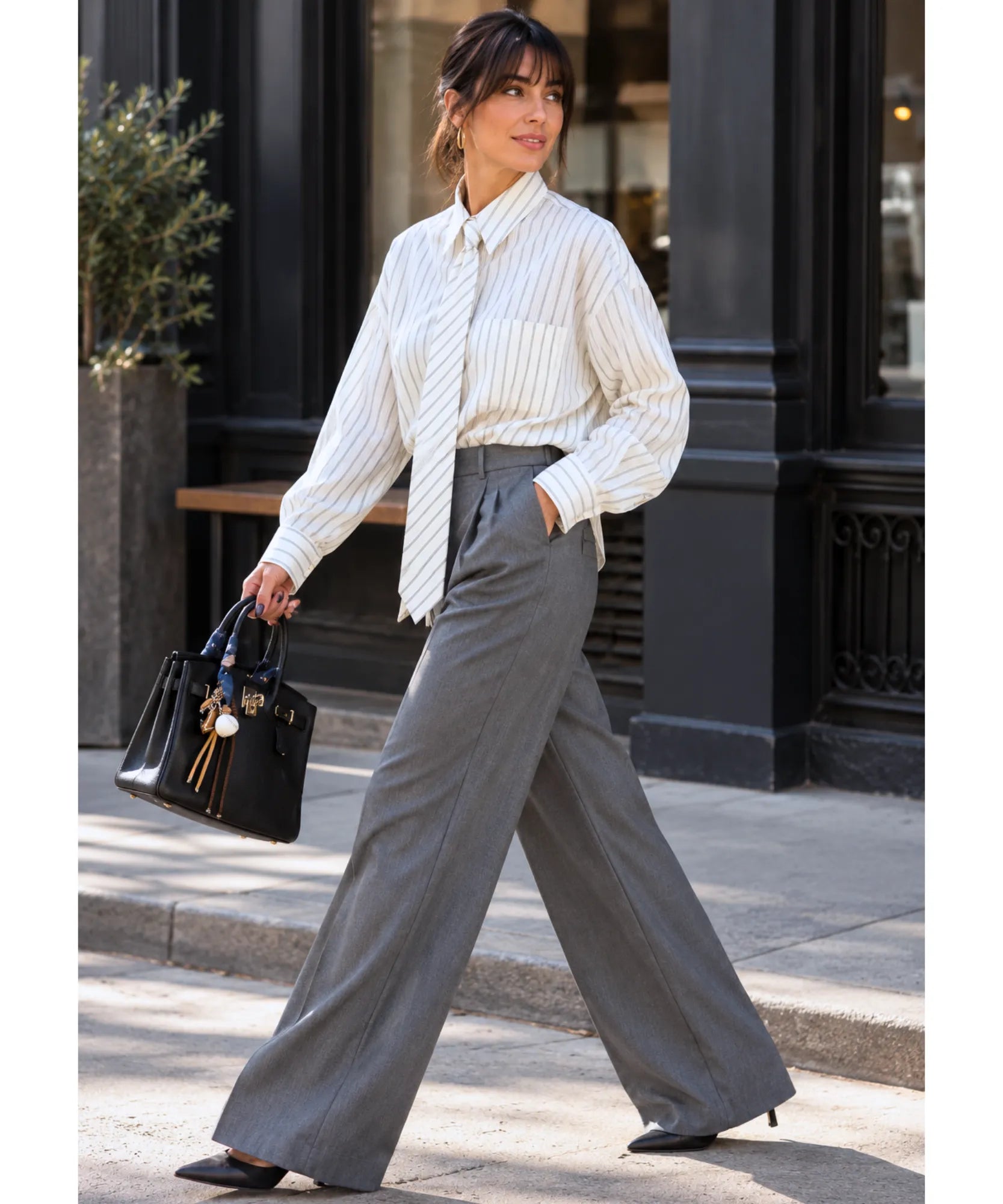 Women's oversized striped button down shirt with neck tie and tailored pants