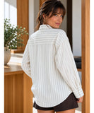 Women's oversized striped button down shirt with neck tie in ivory