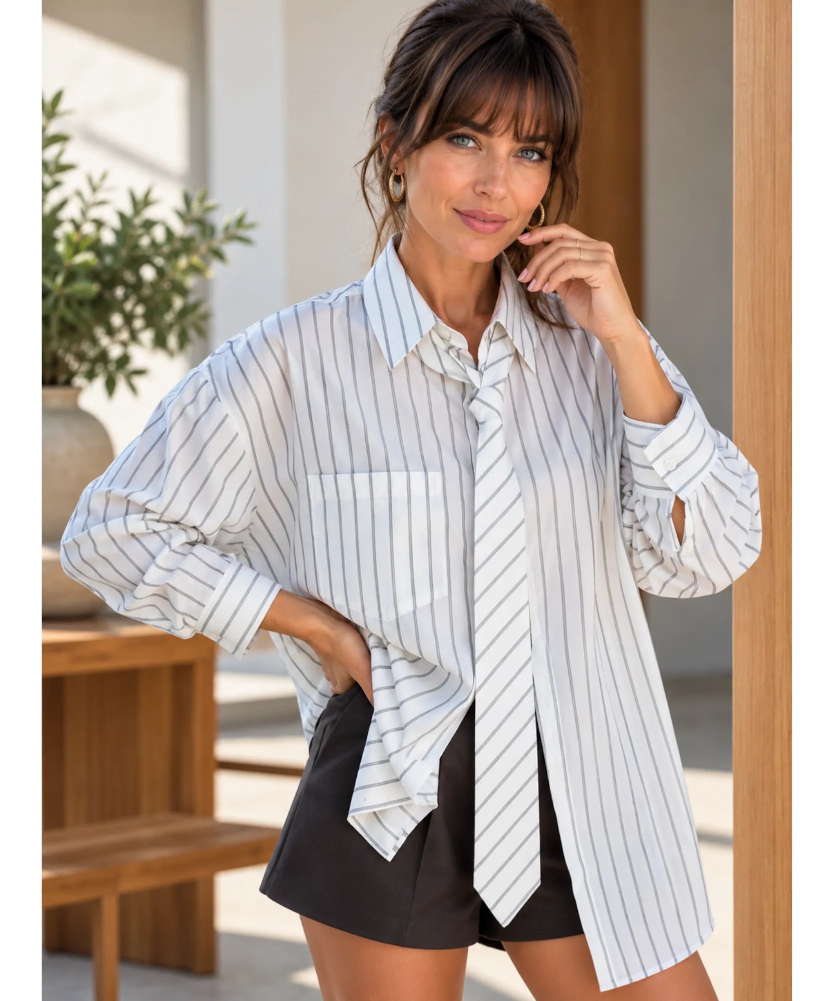 Women's oversized striped shirt with neck tie in ivory