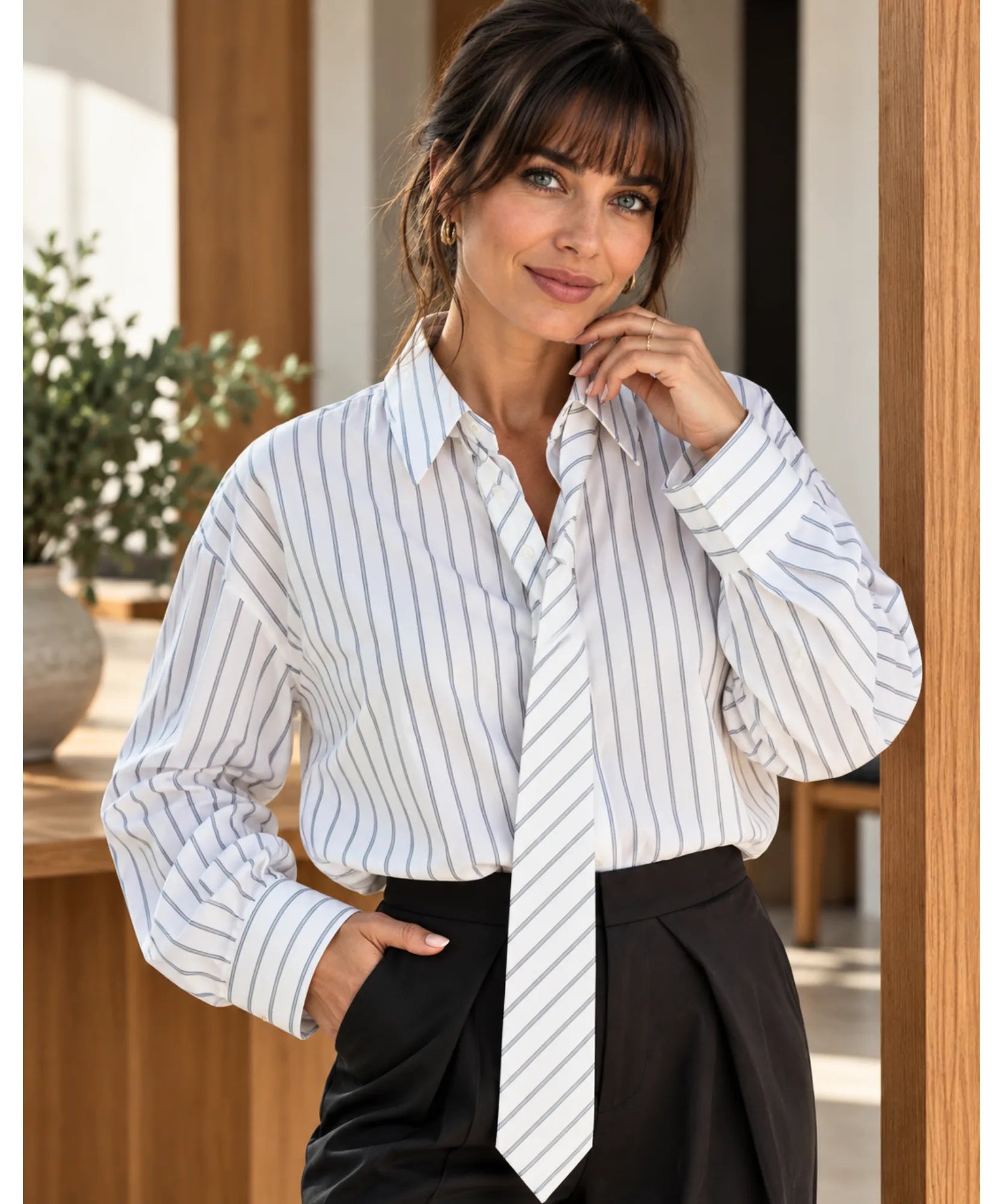 Women's oversized striped shirt with neck tie in ivory
