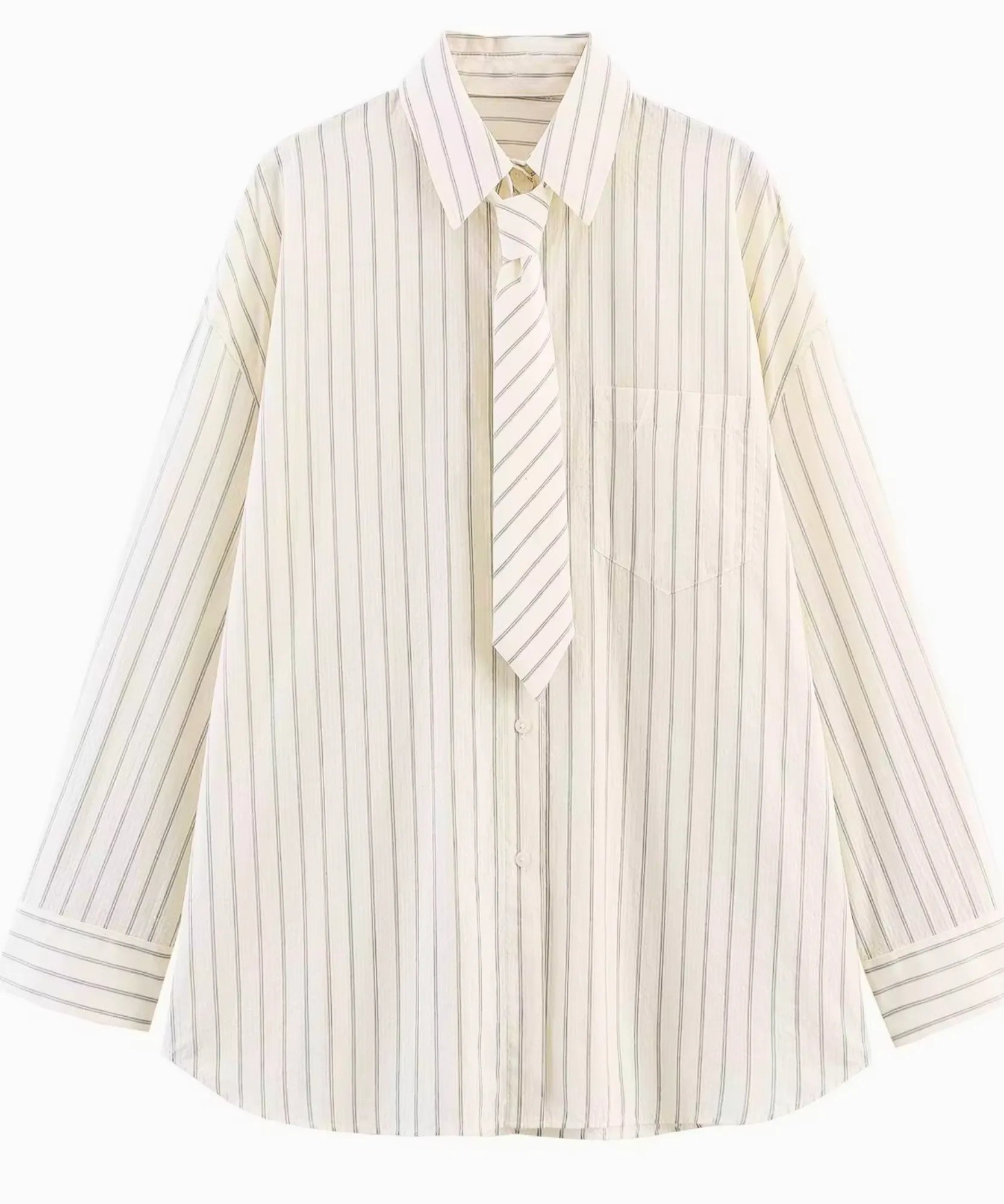 Ivory oversized striped shirt with matching tie, full view